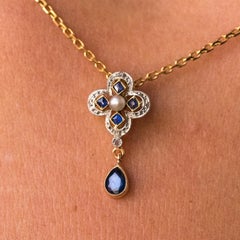 French 1900s Sapphire Diamond Clover Shape Pendant Necklace