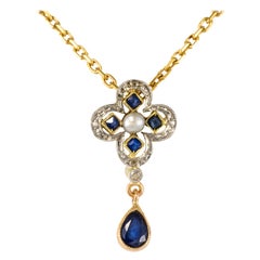 Antique French 1900s Sapphire Diamond Clover Shape Pendant Necklace