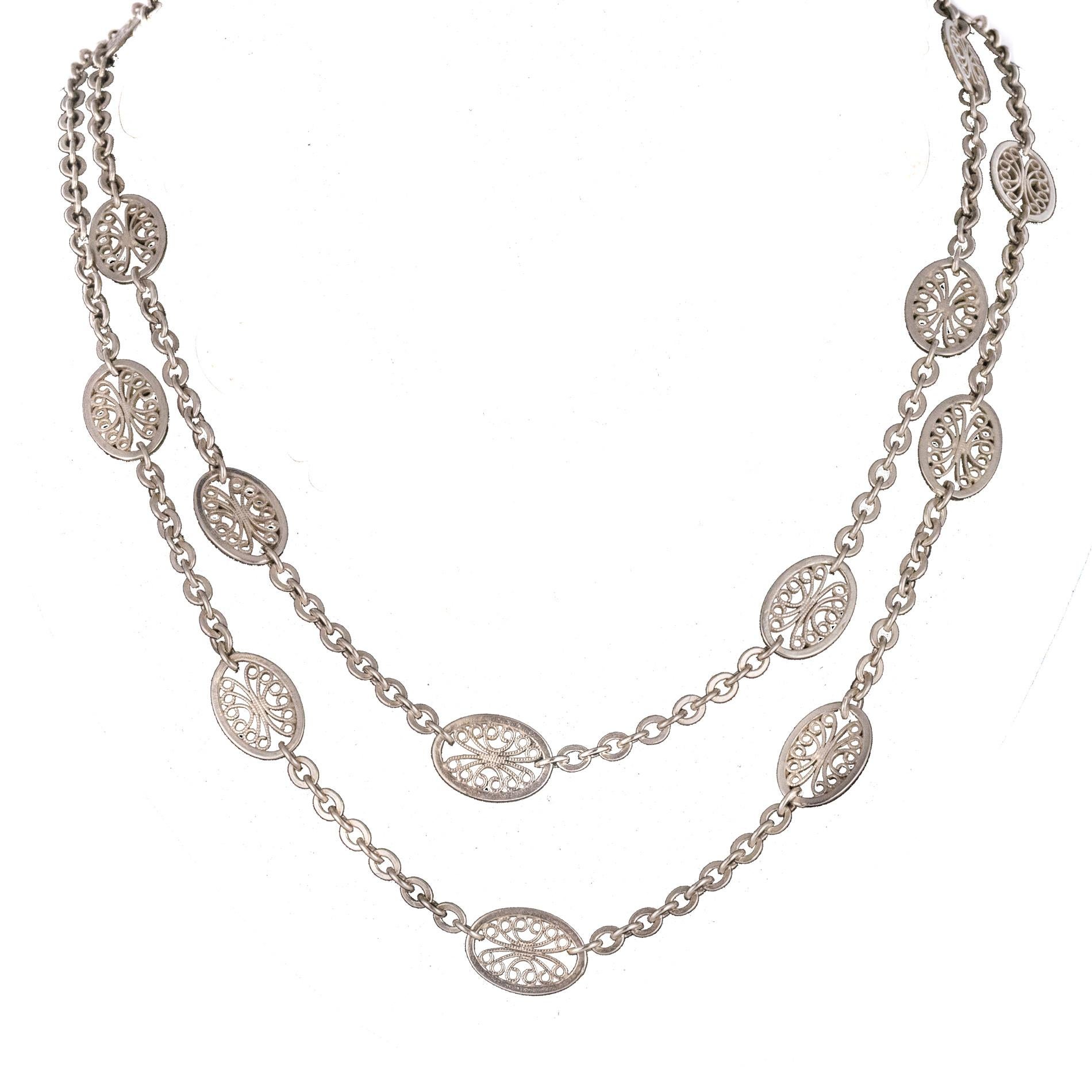 Belle Époque French 1900s Silver Filigree Long Necklace