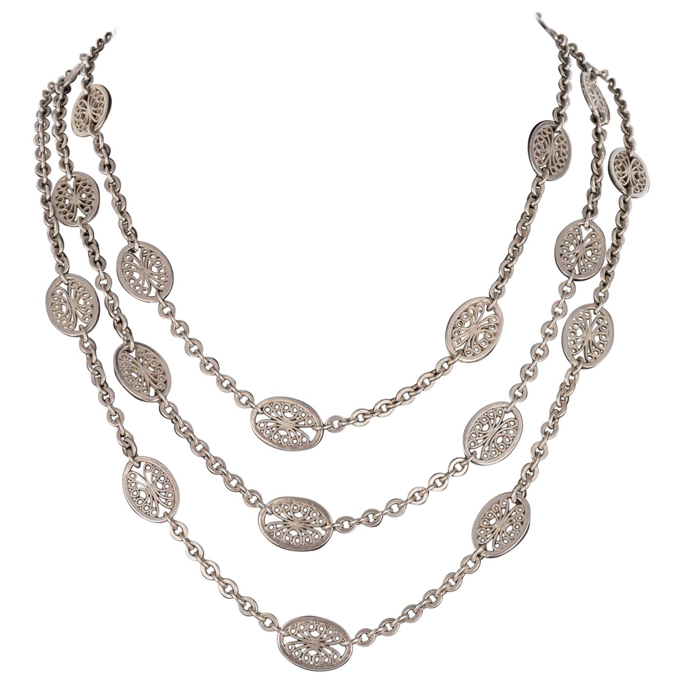 French 1900s Silver Filigree Long Necklace