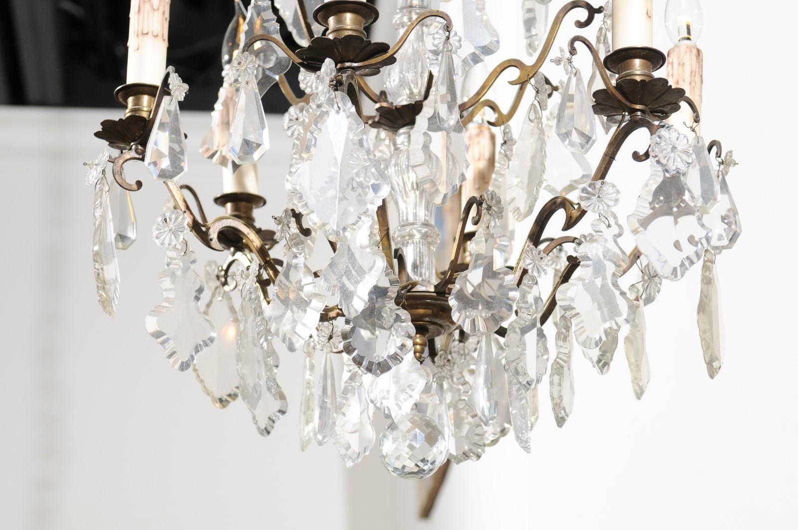 French 1900s Six-Light Crystal Chandelier with Brass Armature and Pendeloques 4