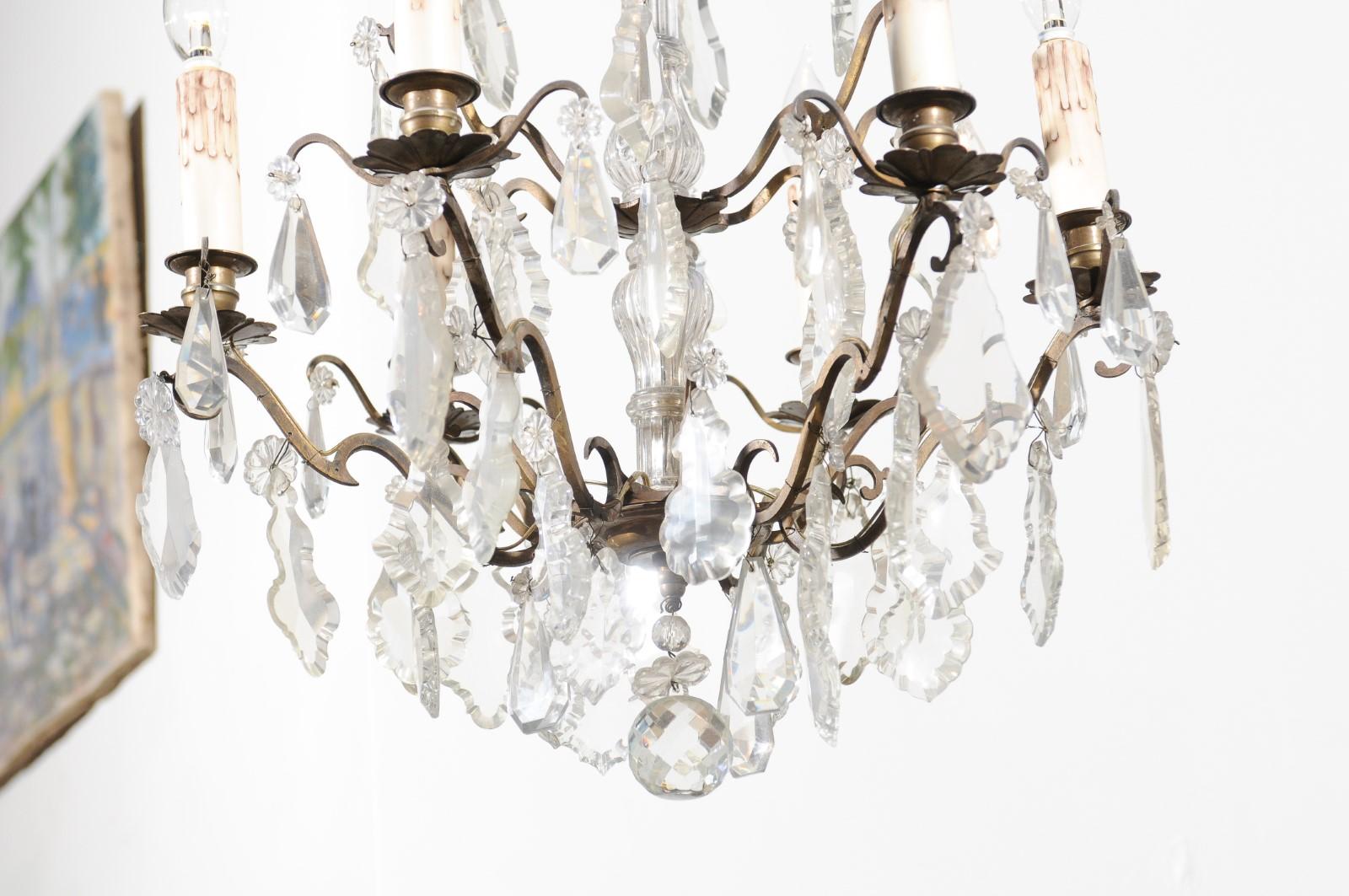 Belle Époque French 1900s Six-Light Crystal Chandelier with Brass Armature and Pendeloques