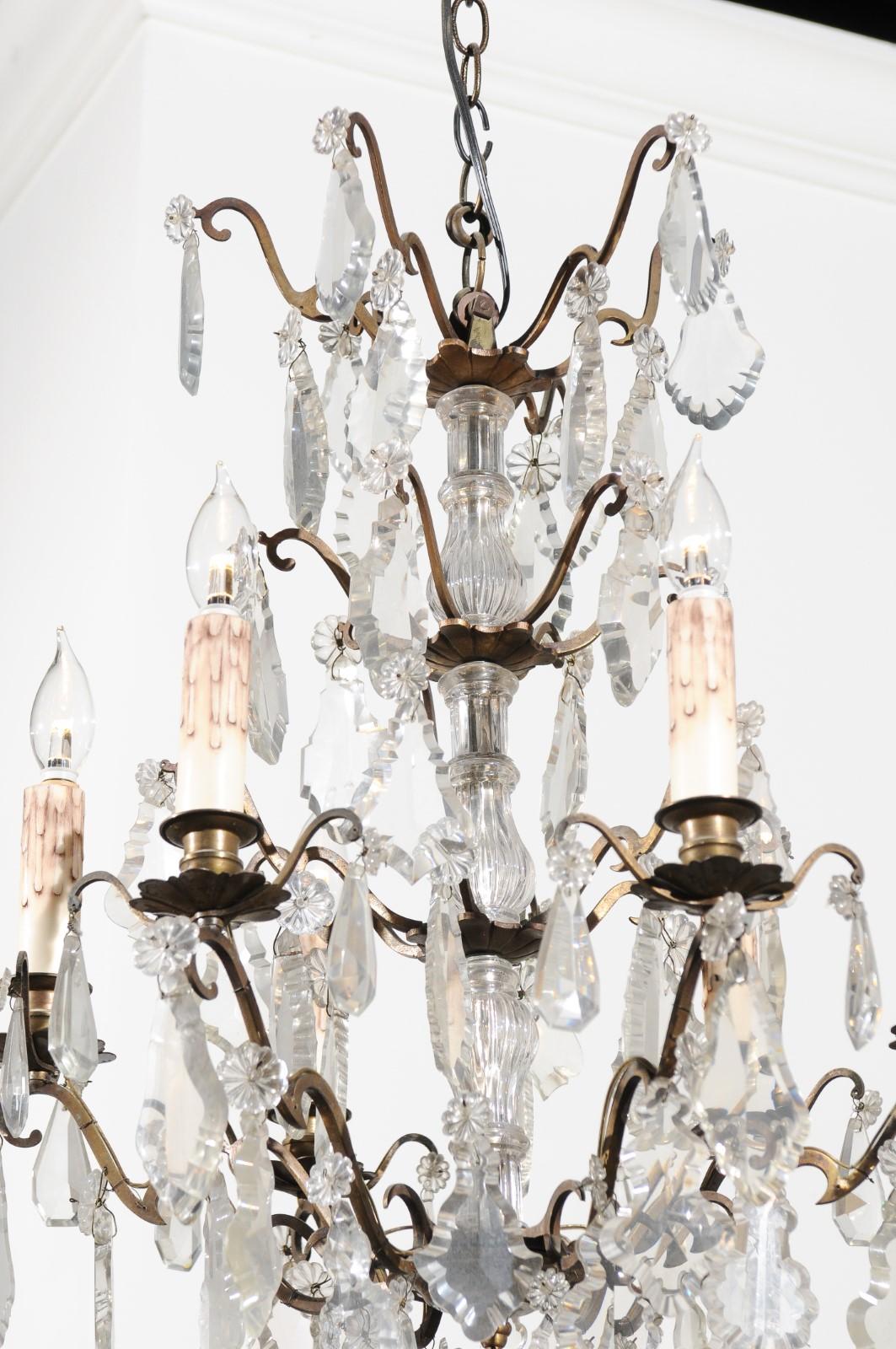20th Century French 1900s Six-Light Crystal Chandelier with Brass Armature and Pendeloques