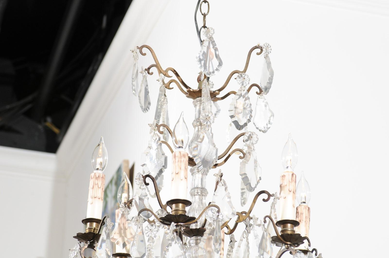 French 1900s Six-Light Crystal Chandelier with Brass Armature and Pendeloques 3