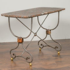 French 1900s Steel and Brass Console Table with Variegated Marble Top