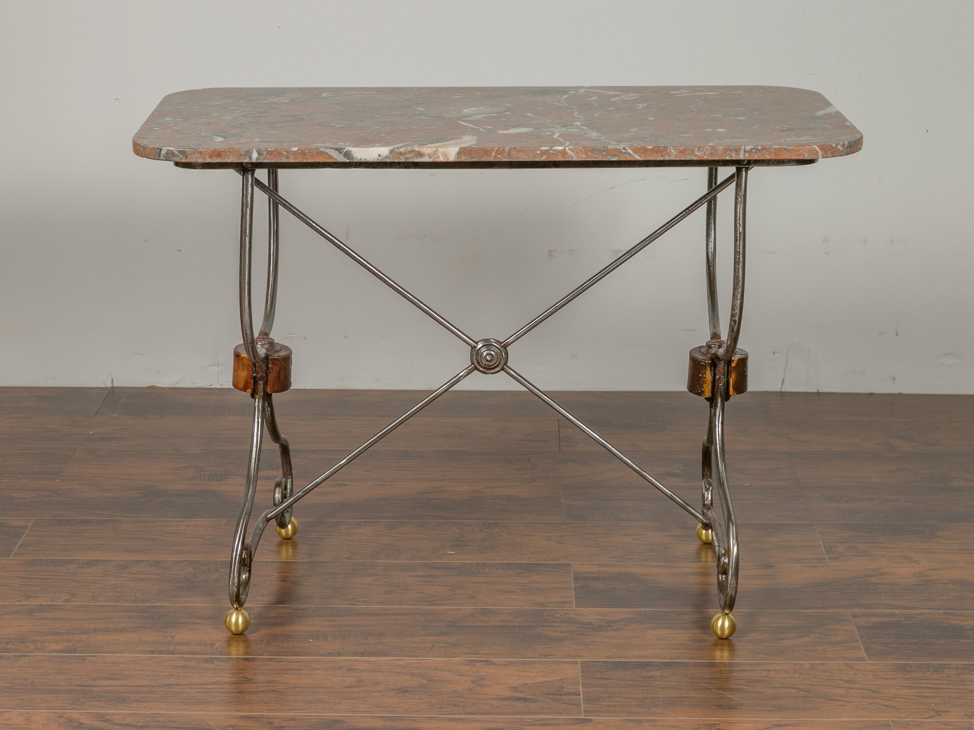 French 1900s Steel and Brass Console Table with Variegated Marble Top In Good Condition For Sale In Atlanta, GA