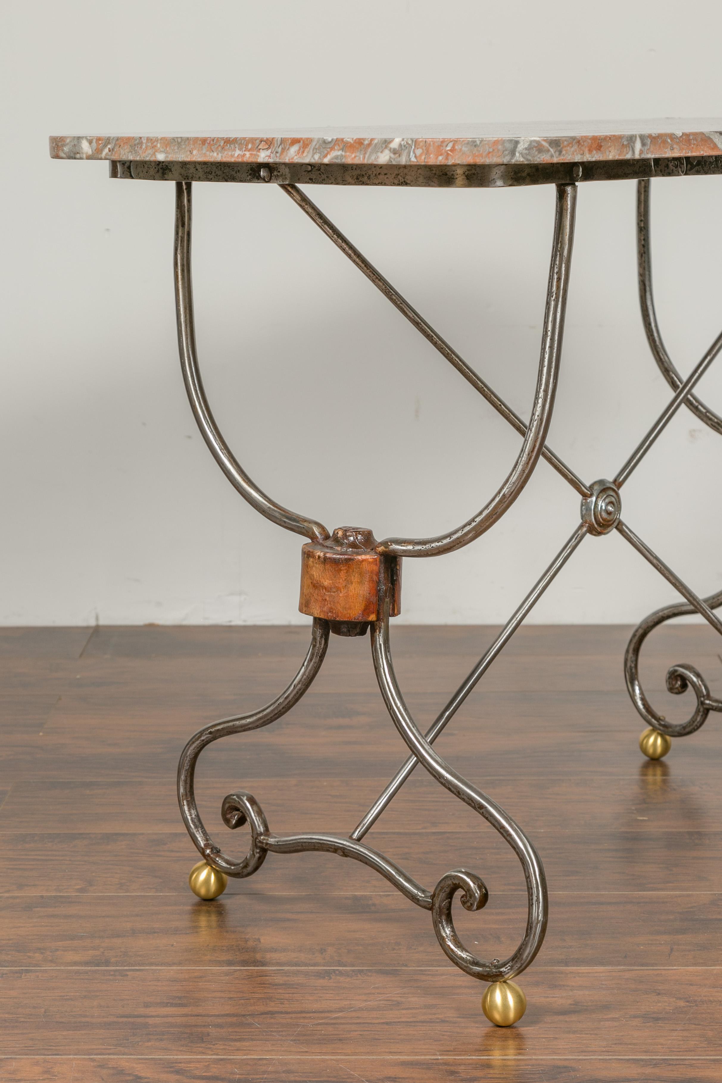 20th Century French 1900s Steel and Brass Console Table with Variegated Marble Top For Sale