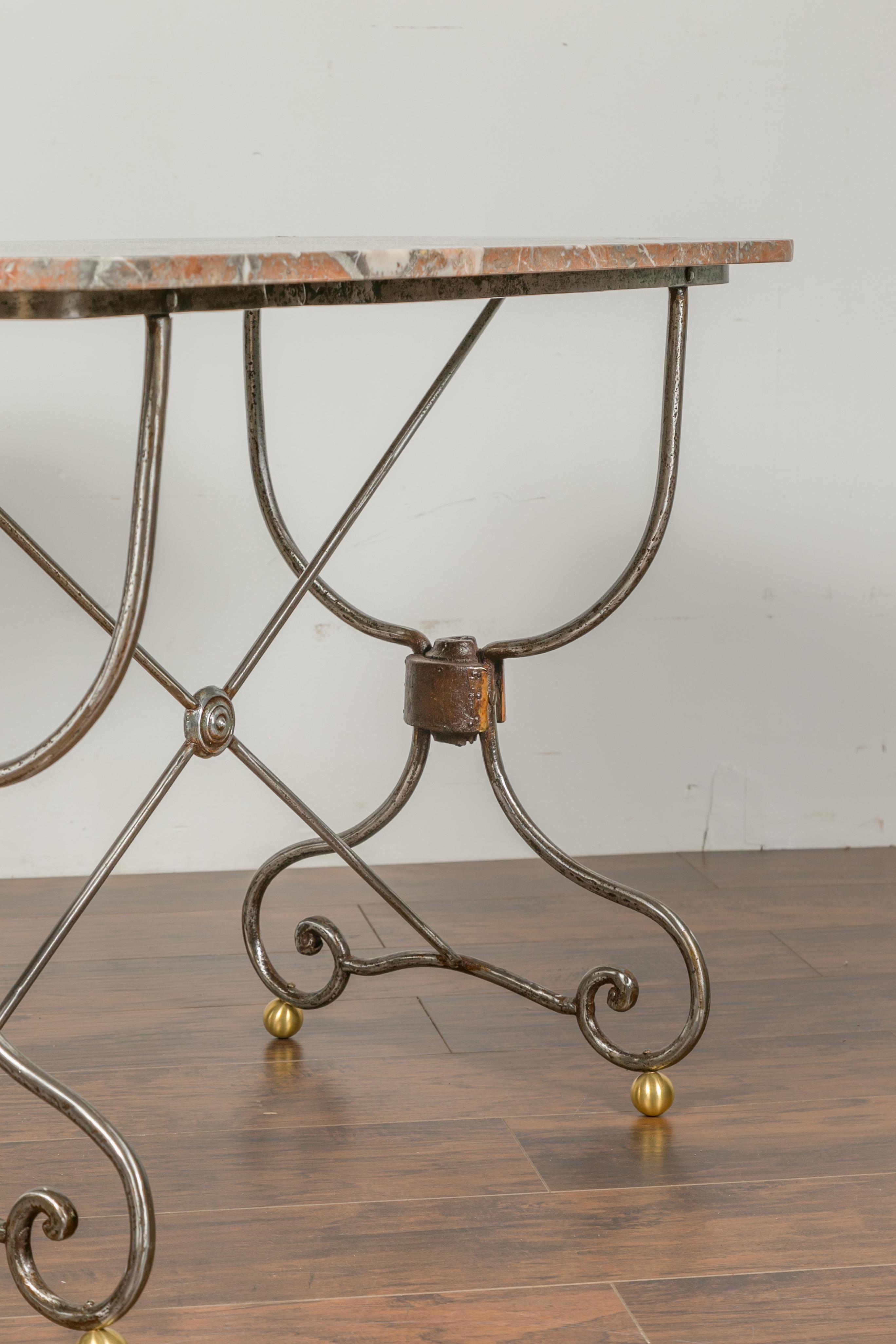 French 1900s Steel and Brass Console Table with Variegated Marble Top For Sale 1