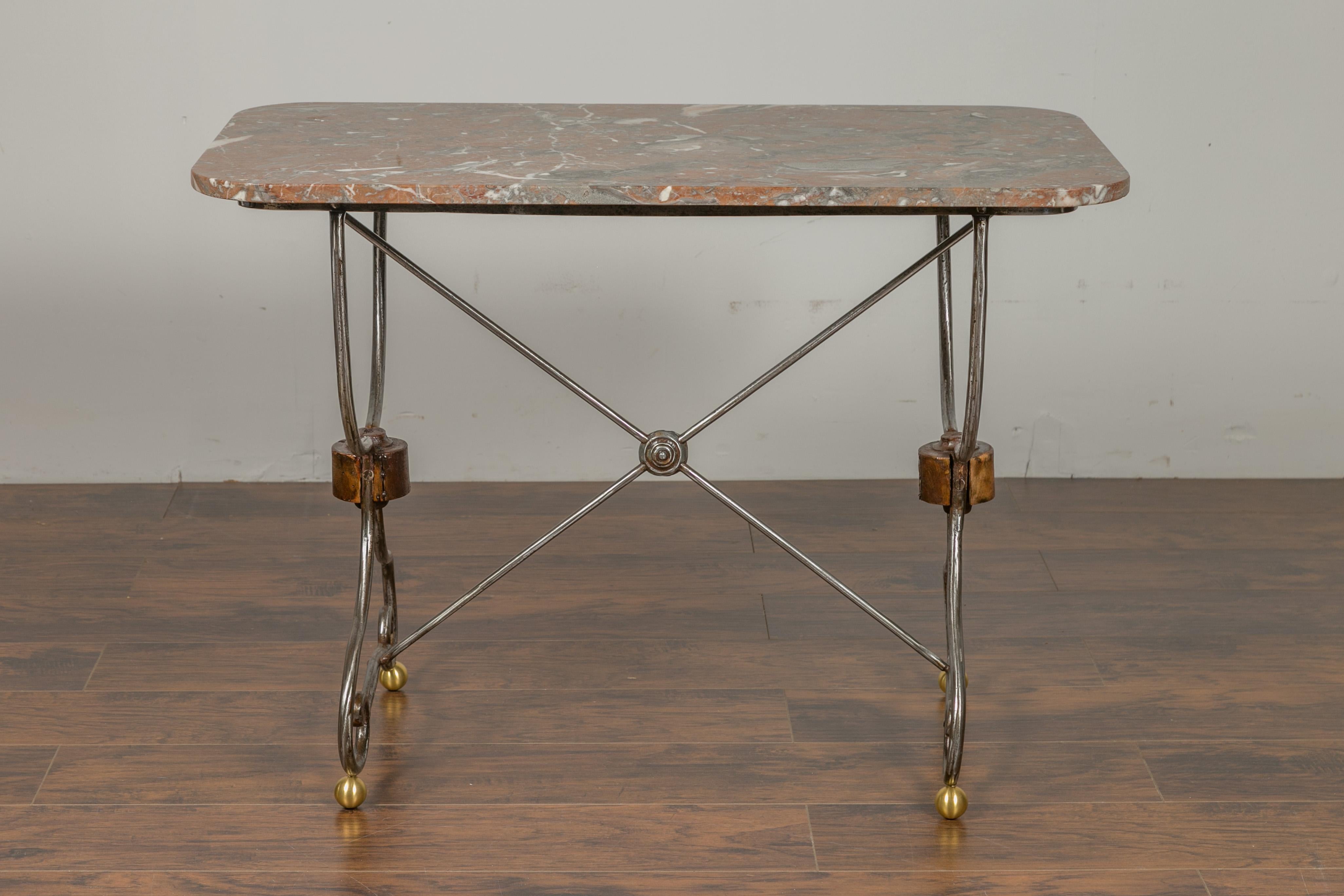 French 1900s Steel and Brass Console Table with Variegated Marble Top For Sale 3