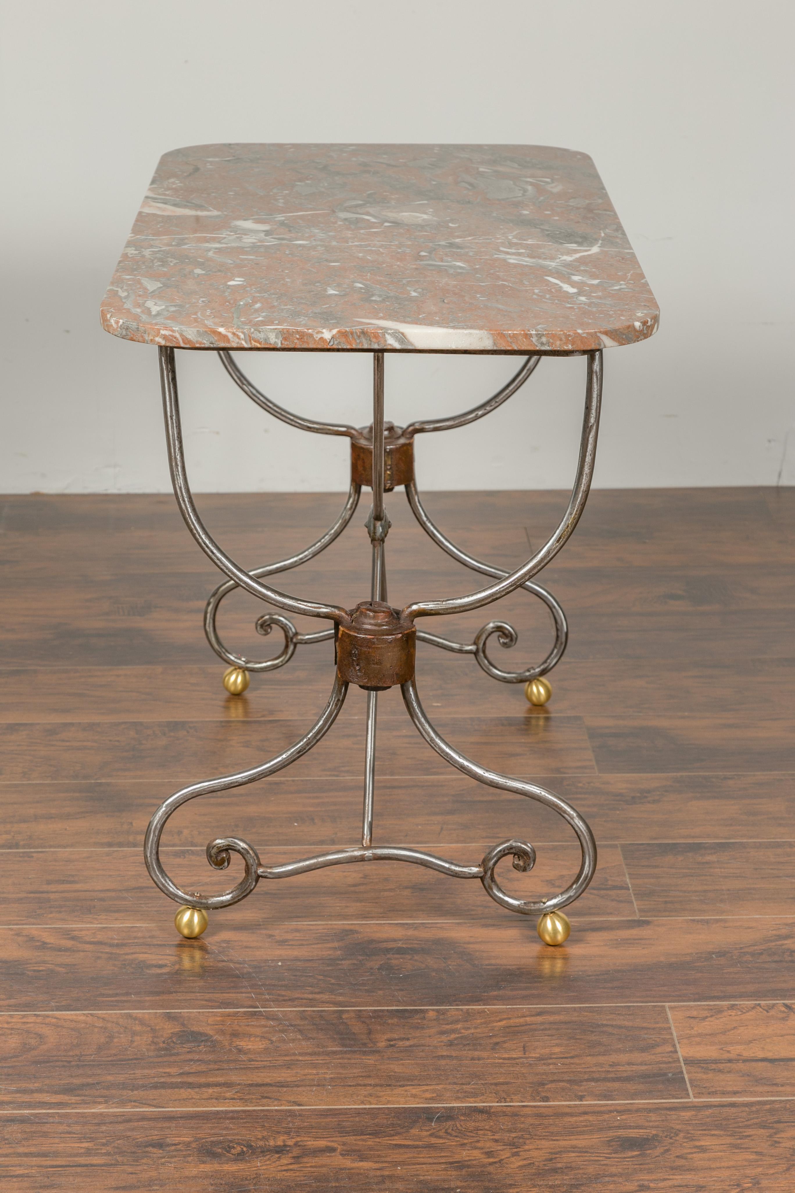 French 1900s Steel and Brass Console Table with Variegated Marble Top For Sale 4