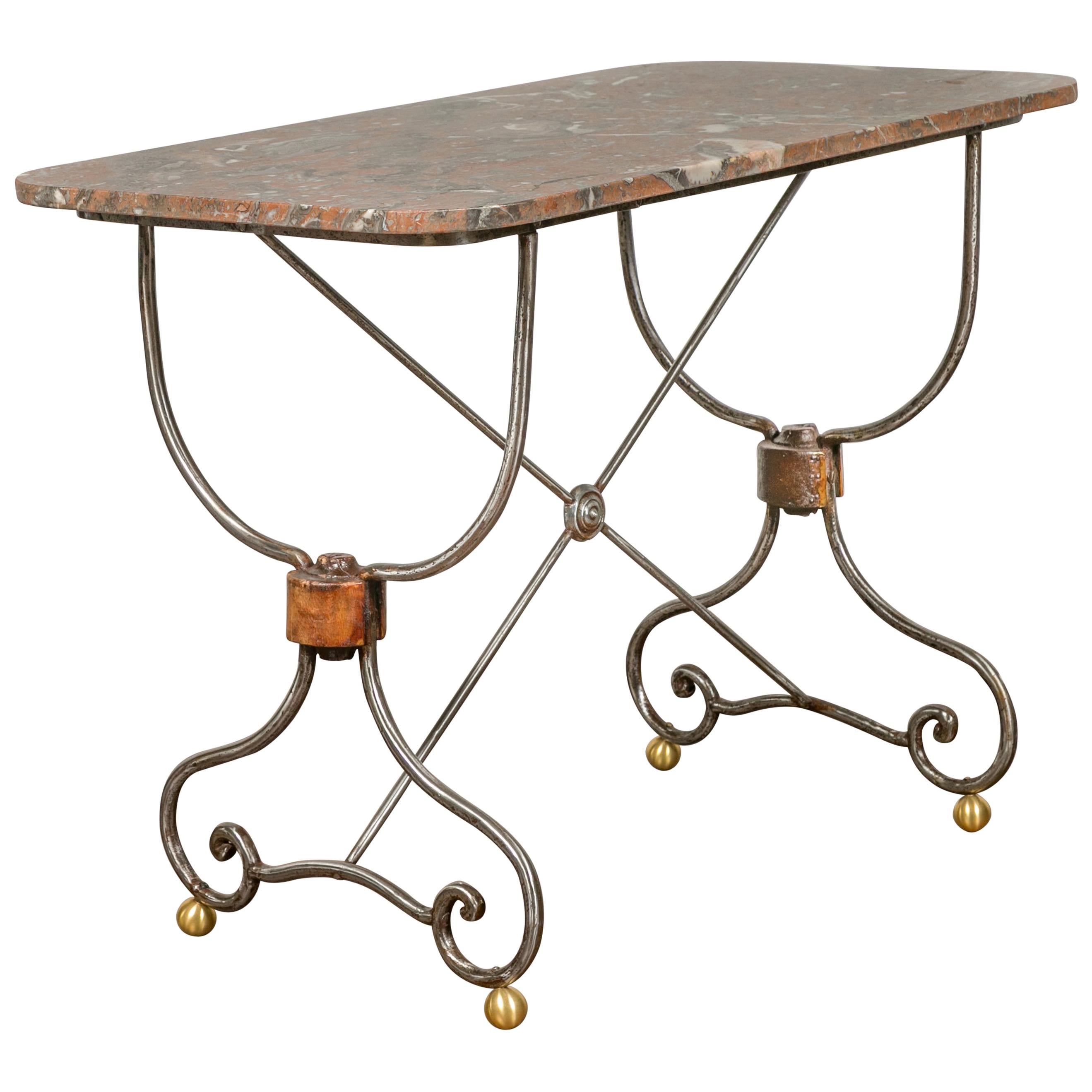 Table console française des années 1900 en acier et laiton avec plateau en marbre bigarré