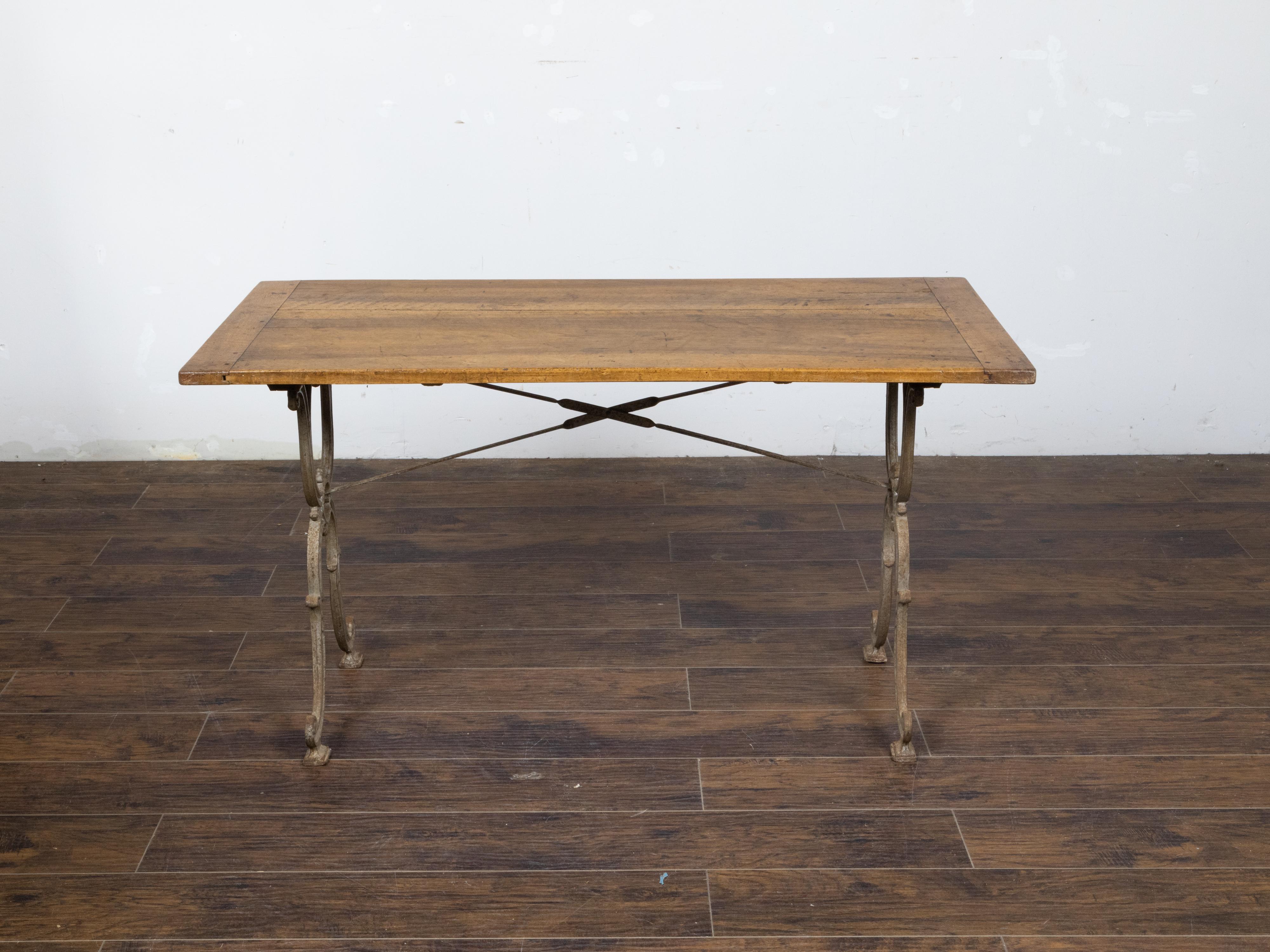 French 1900s Steel and Wood Console Table with Curving X-Form Legs and Stretcher In Good Condition For Sale In Atlanta, GA
