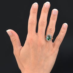 French 1900s Tourmaline Indigolite Diamonds 18 Karat Yellow Gold Ring