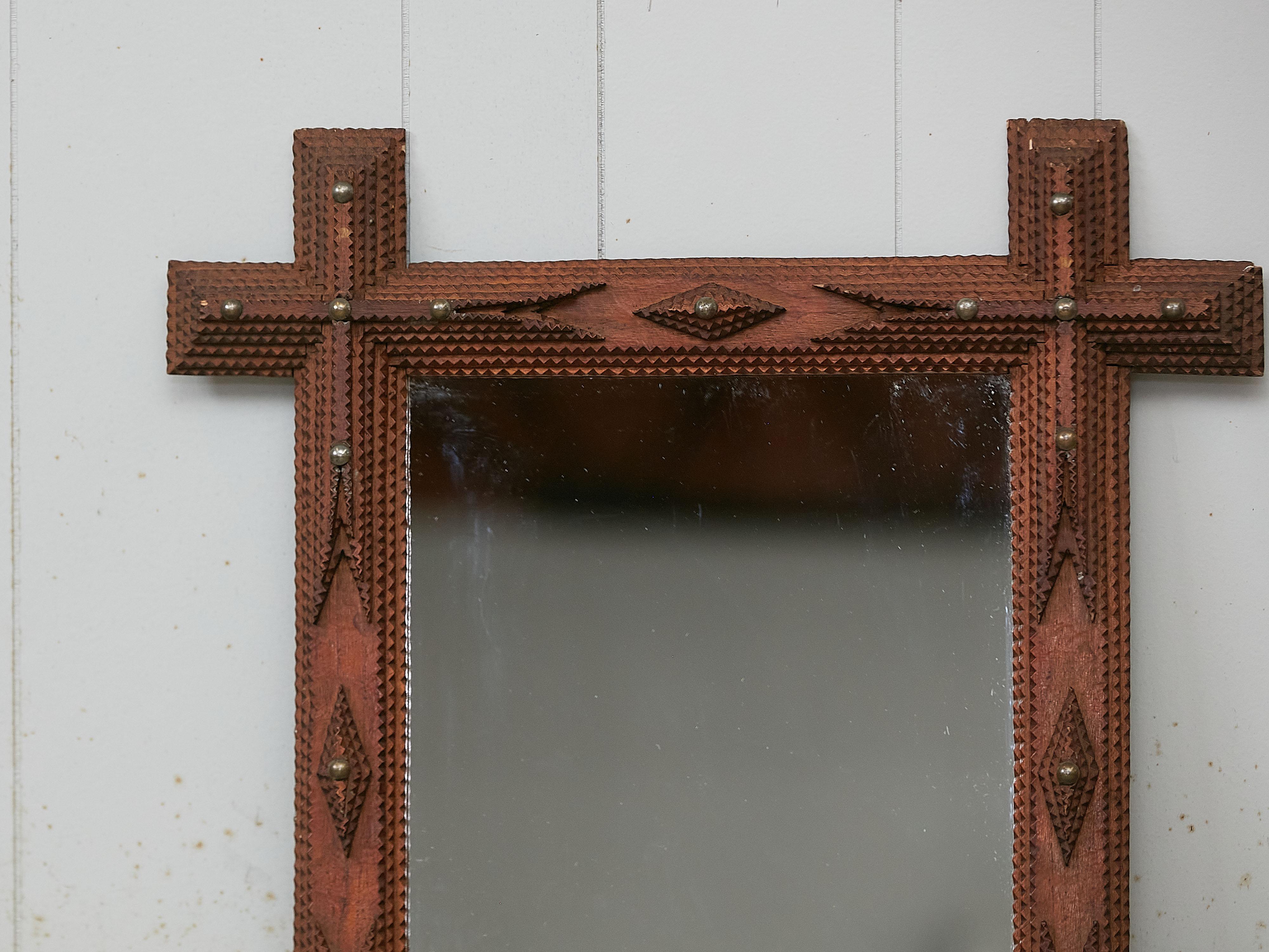Hand-Carved French 1900s Tramp Art Folk Mirror with Brass Tacks and Intersecting Corners