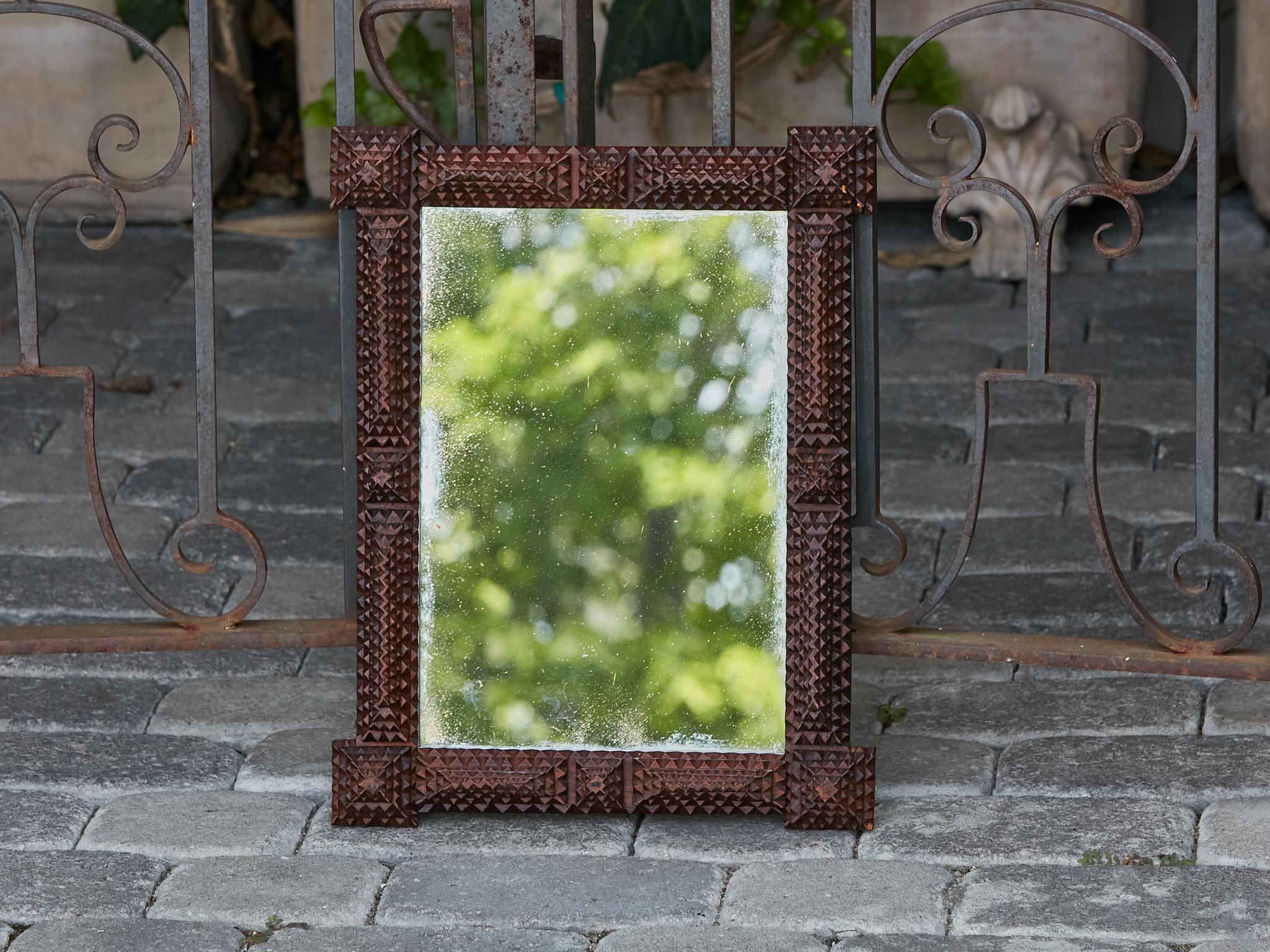 French 1900s Tramp Art Hand Carved Wood Mirror with Protruding Pyramidal Motifs For Sale 8