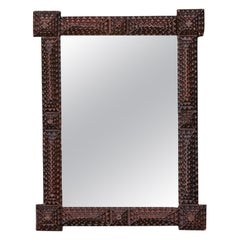 French 1900s Tramp Art Hand Carved Wood Mirror with Protruding Pyramidal Motifs