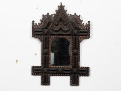 French 1900s Tramp Art Mirror with Architectural Crest and Chip-Carved Frame