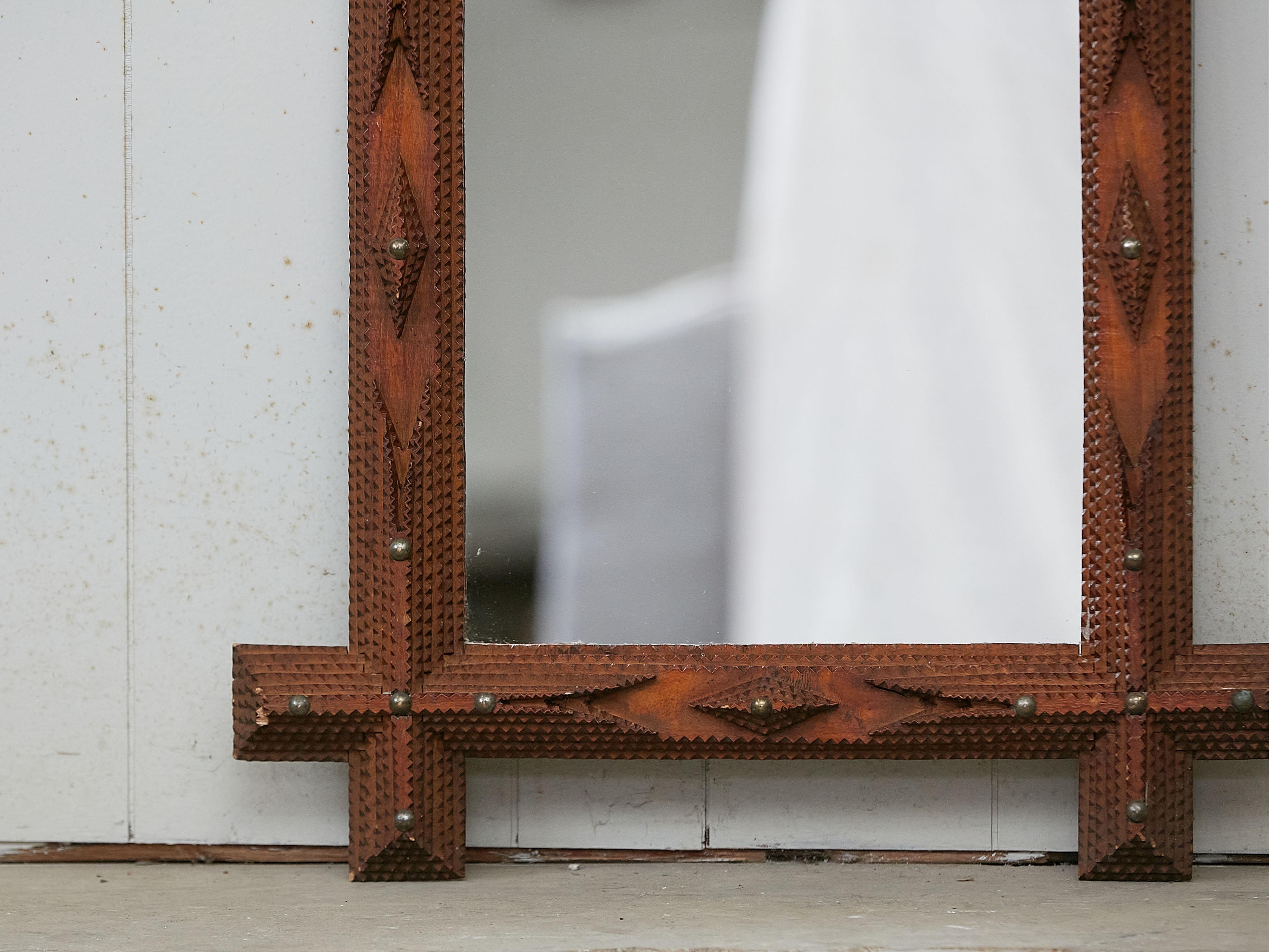 20th Century French 1900s Tramp Art Mirror with Brass Nailheads and Protruding Corners For Sale