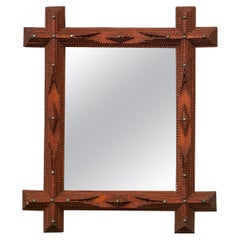 French 1900s Tramp Art Mirror with Brass Nailheads and Protruding Corners