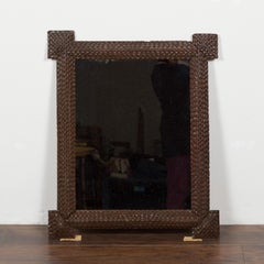 French 1900s Tramp Art Mirror with Protruding Corners and Pyramidal Motifs