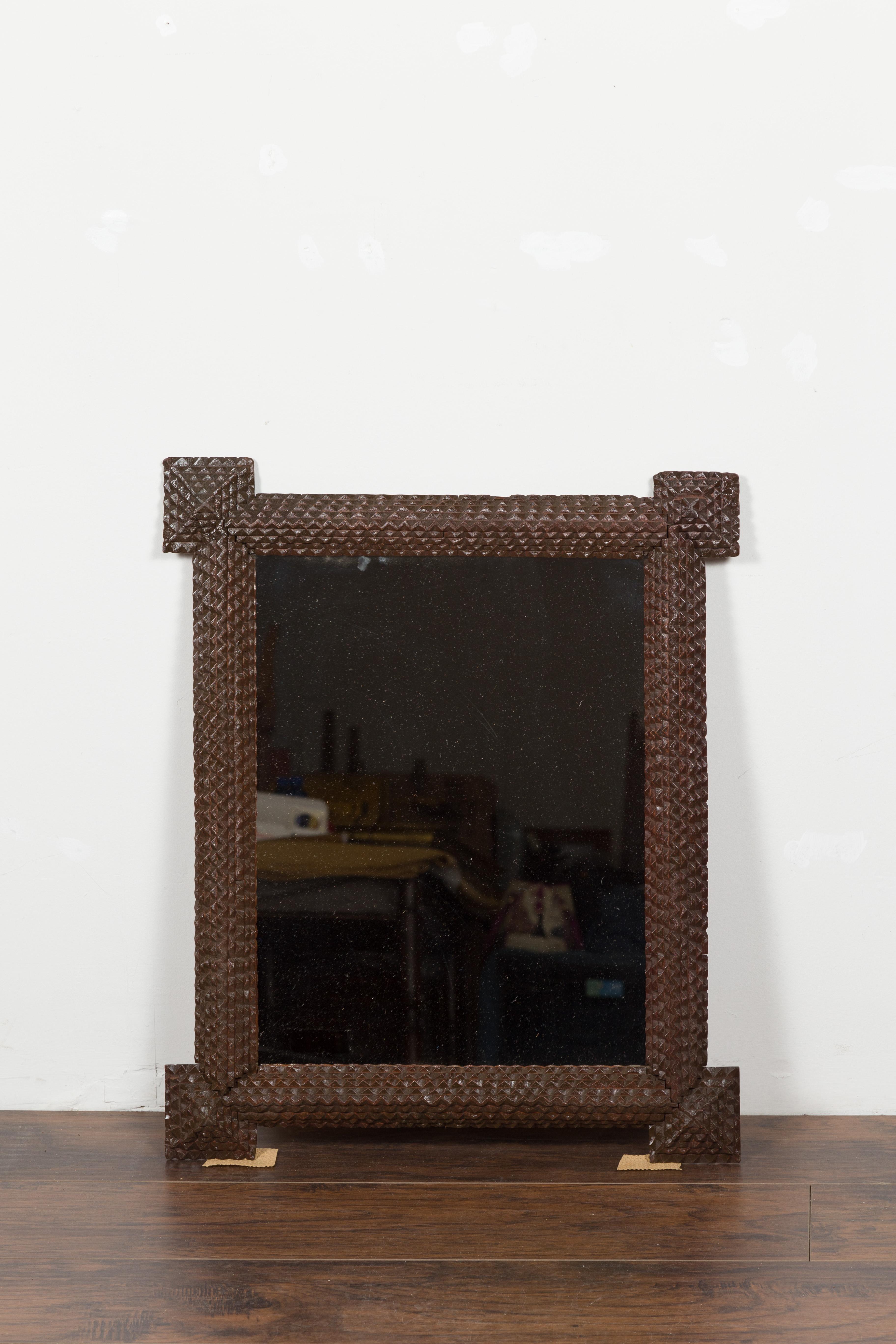 Hand-Carved French 1900s Tramp Art Mirror with Protruding Corners and Pyramidal Motifs