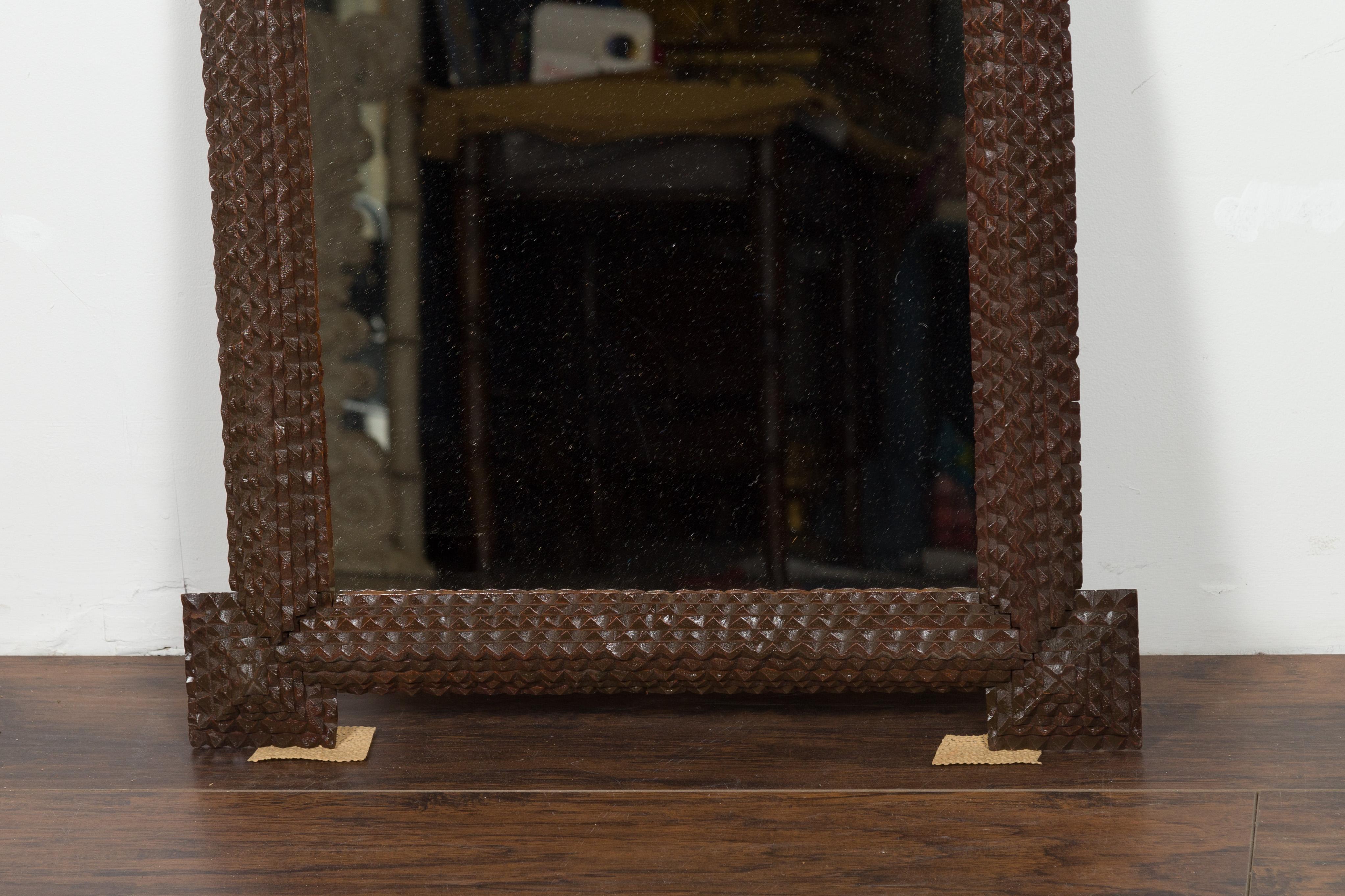 20th Century French 1900s Tramp Art Mirror with Protruding Corners and Pyramidal Motifs