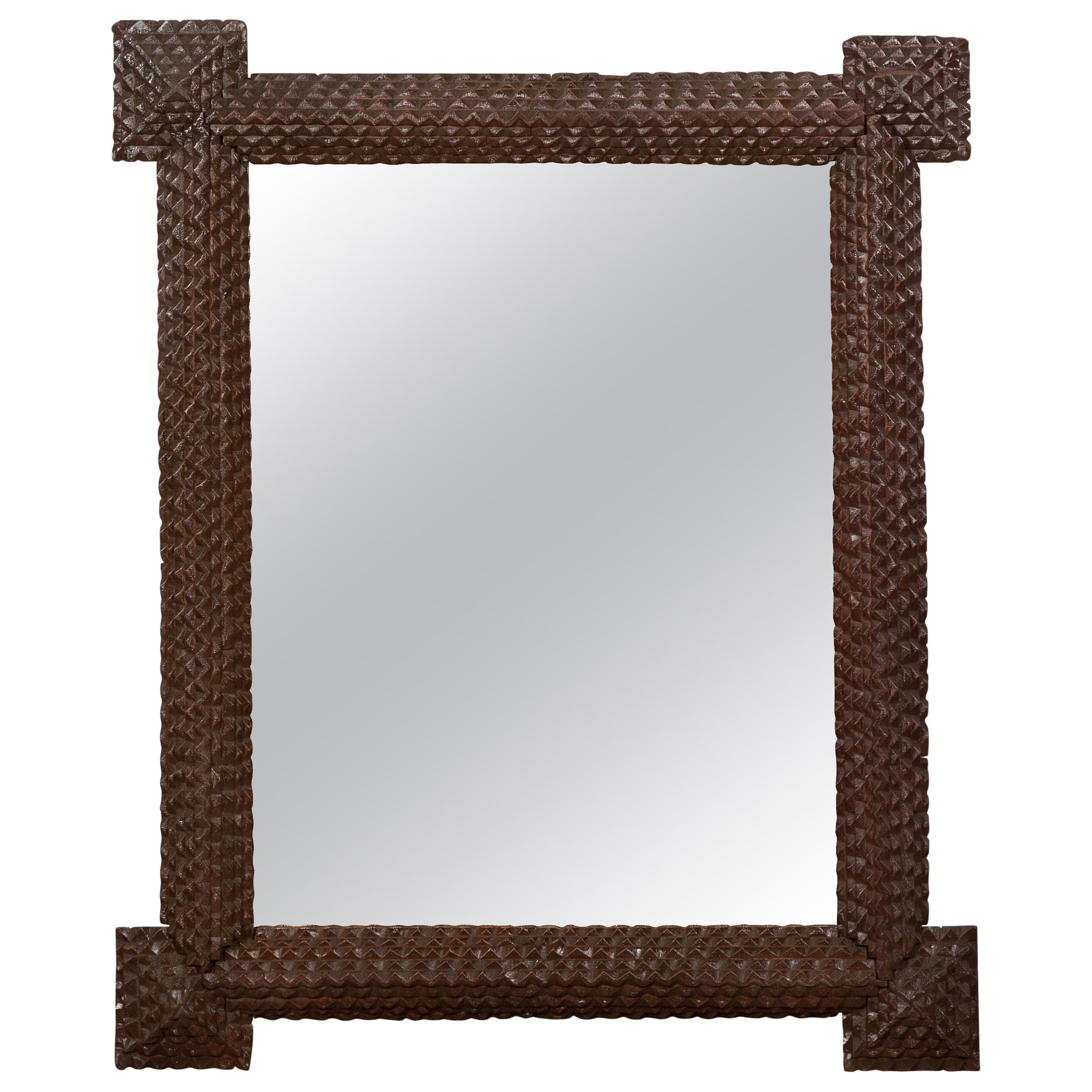 French 1900s Tramp Art Mirror with Protruding Corners and Pyramidal Motifs