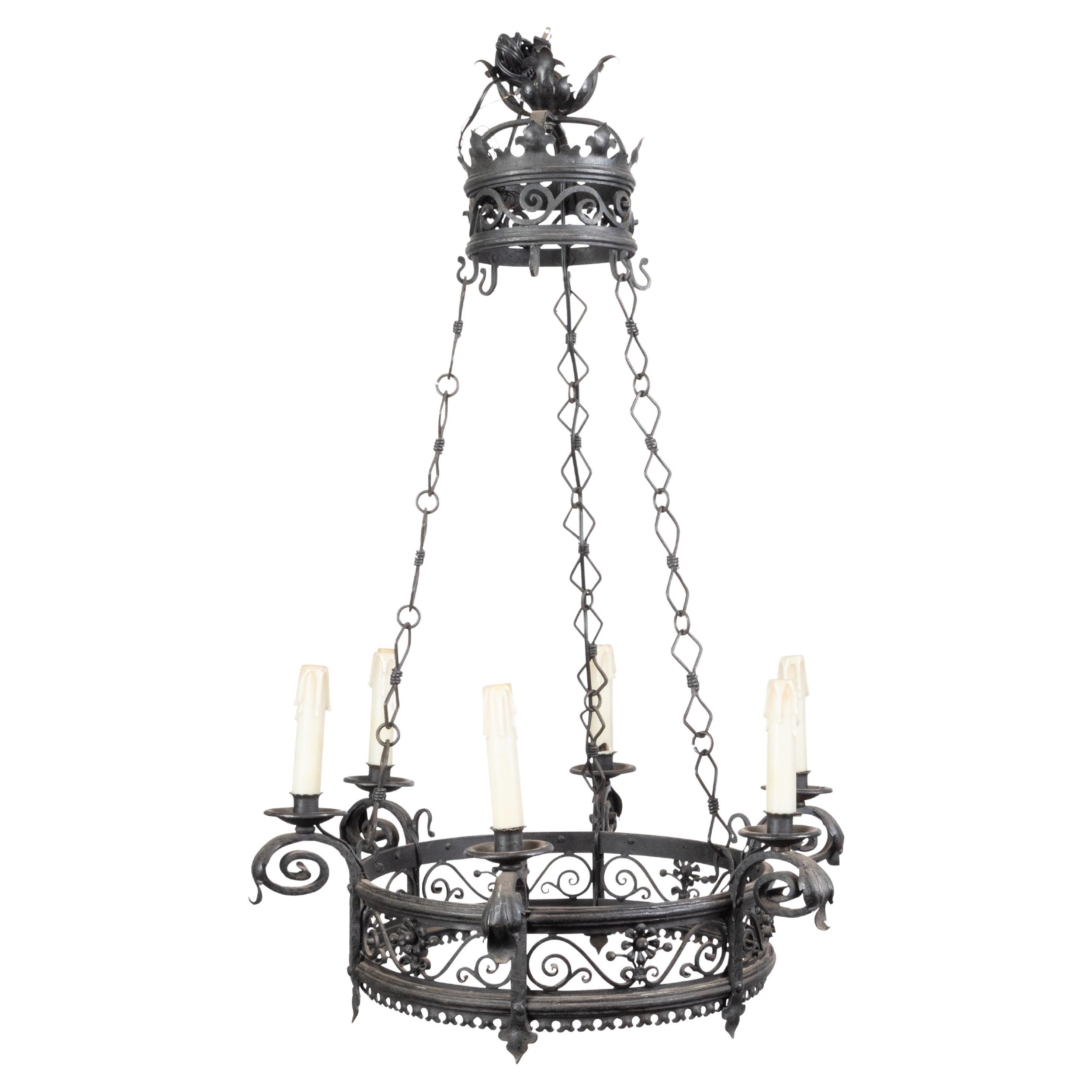 French 1900s Turn of the Century Iron Chandelier with Six Lights and Scrollwork For Sale