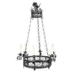 French 1900s Turn of the Century Iron Chandelier with Six Lights and Scrollwork