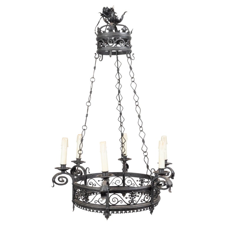 French 1900s Turn of the Century Iron Chandelier with Six Lights and