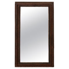 French 1900s Turn of the Century Tramp Art Mirror with Brown and Black Patina