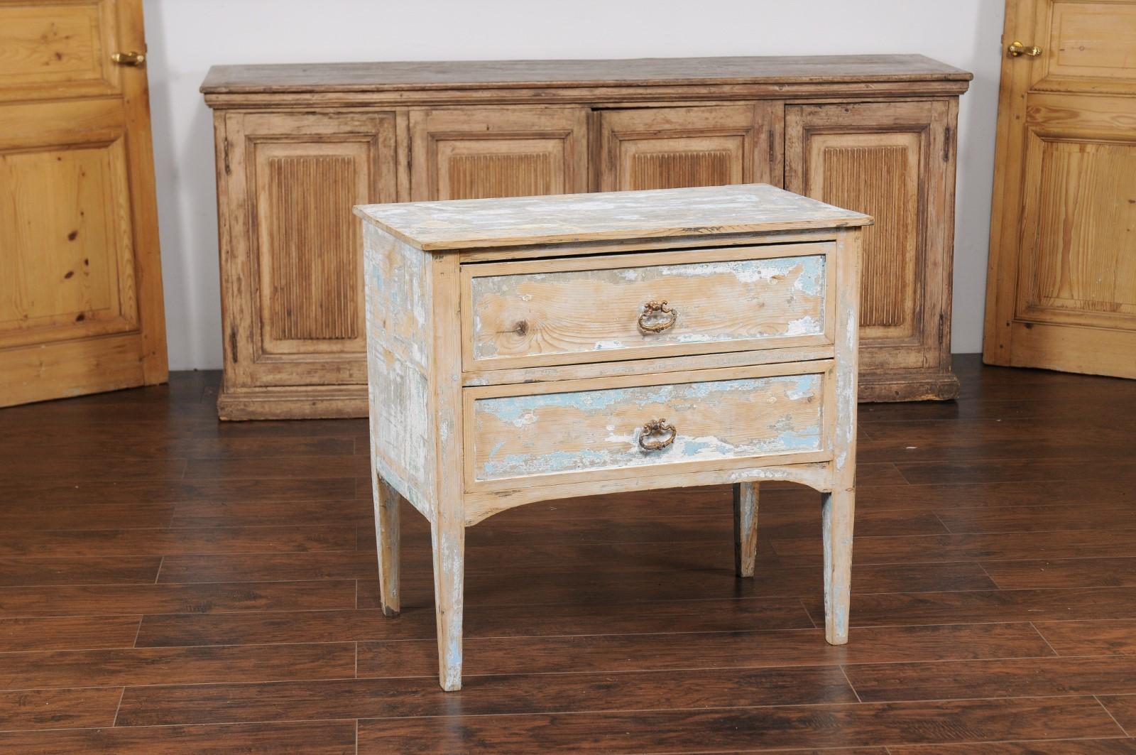 Painted French 1900s Turn of the Century Two-Drawer Commode with Distressed Paint For Sale