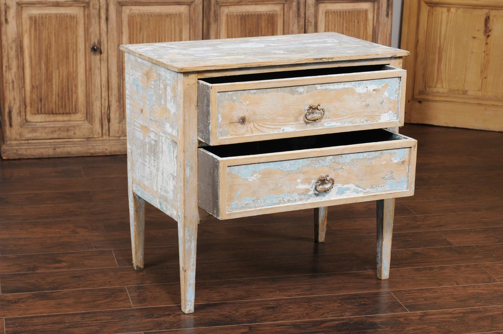 Wood French 1900s Turn of the Century Two-Drawer Commode with Distressed Paint For Sale