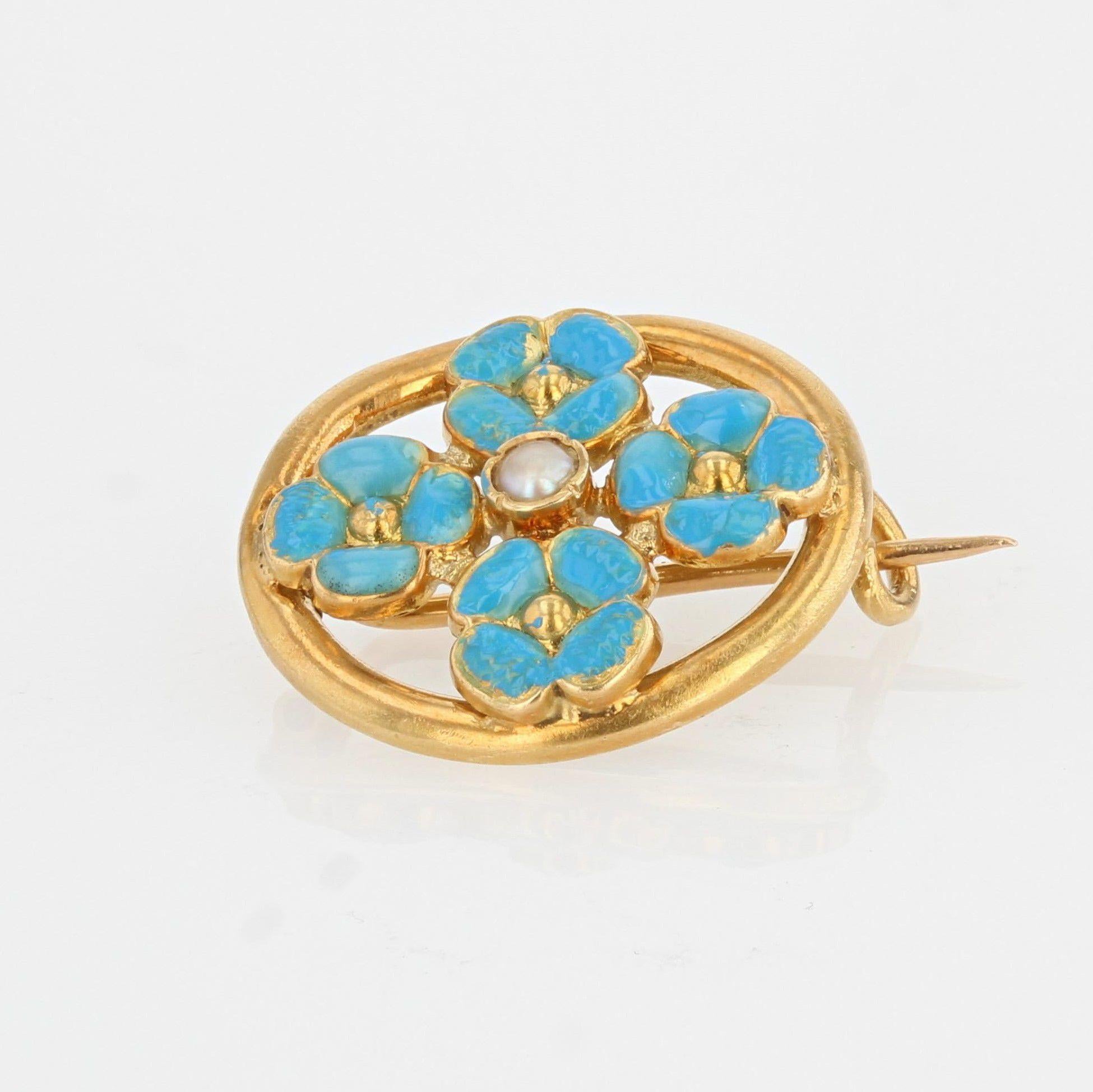 French, 1900s, Turquoise Enamelled Flower Natural Pearl 18K Yellow Gold Brooch (Art nouveau) im Angebot
