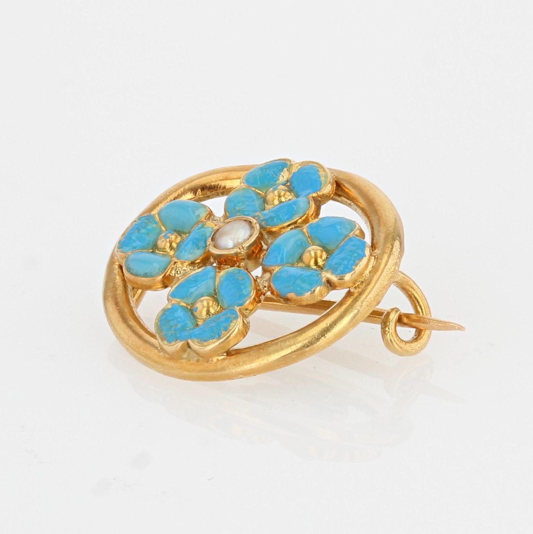 Bead French, 1900s, Turquoise Enamelled Flower Natural Pearl 18K Yellow Gold Brooch For Sale