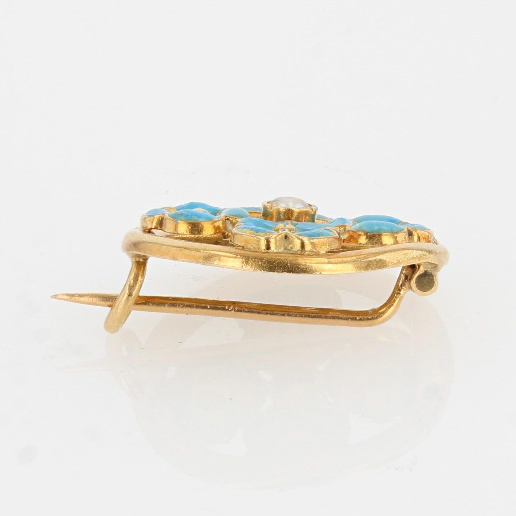 French, 1900s, Turquoise Enamelled Flower Natural Pearl 18K Yellow Gold Brooch In Good Condition In Poitiers, FR