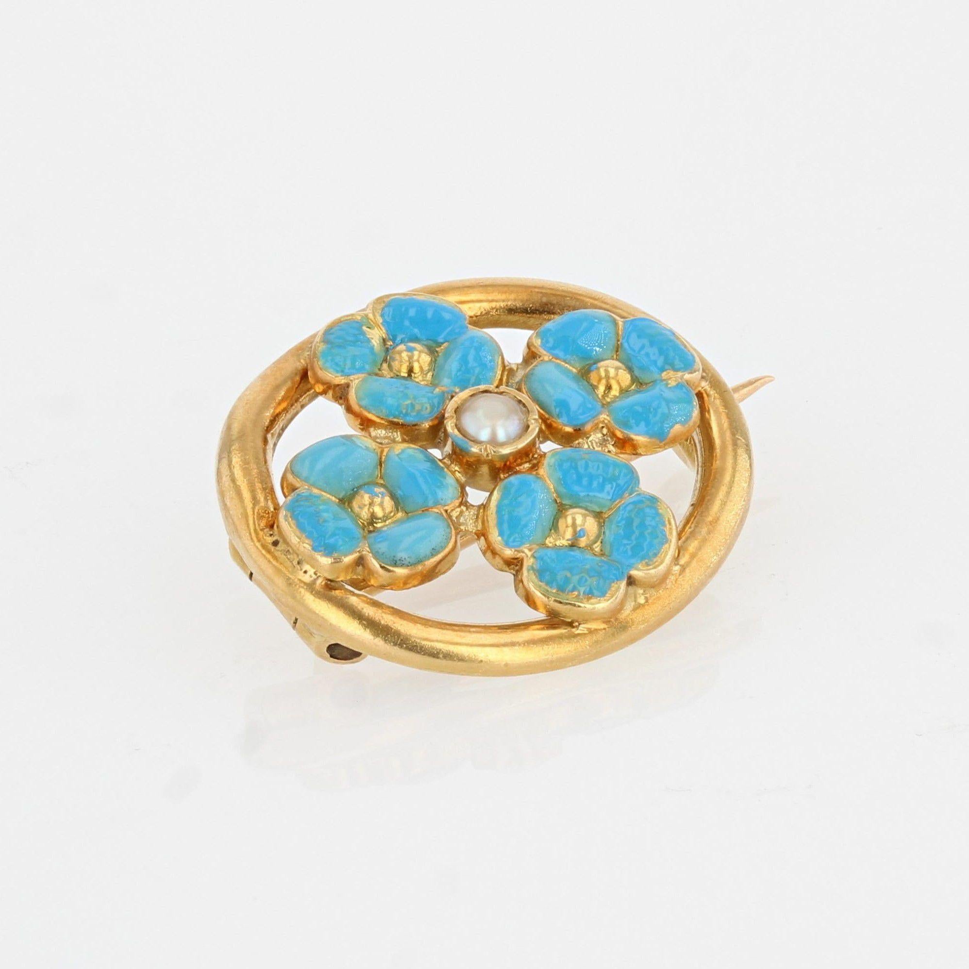 Women's French, 1900s, Turquoise Enamelled Flower Natural Pearl 18K Yellow Gold Brooch For Sale