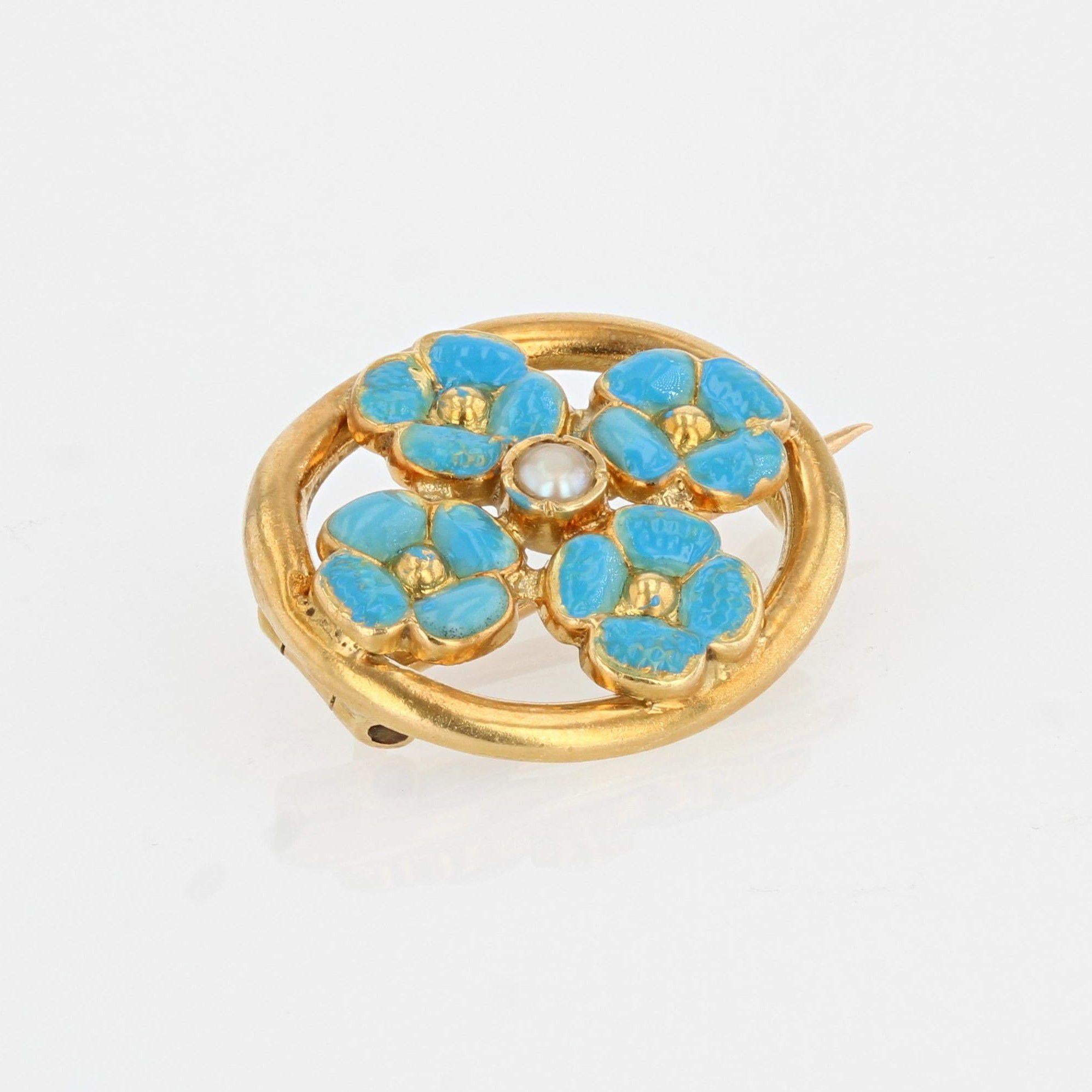 Women's French, 1900s, Turquoise Enamelled Flower Natural Pearl 18K Yellow Gold Brooch