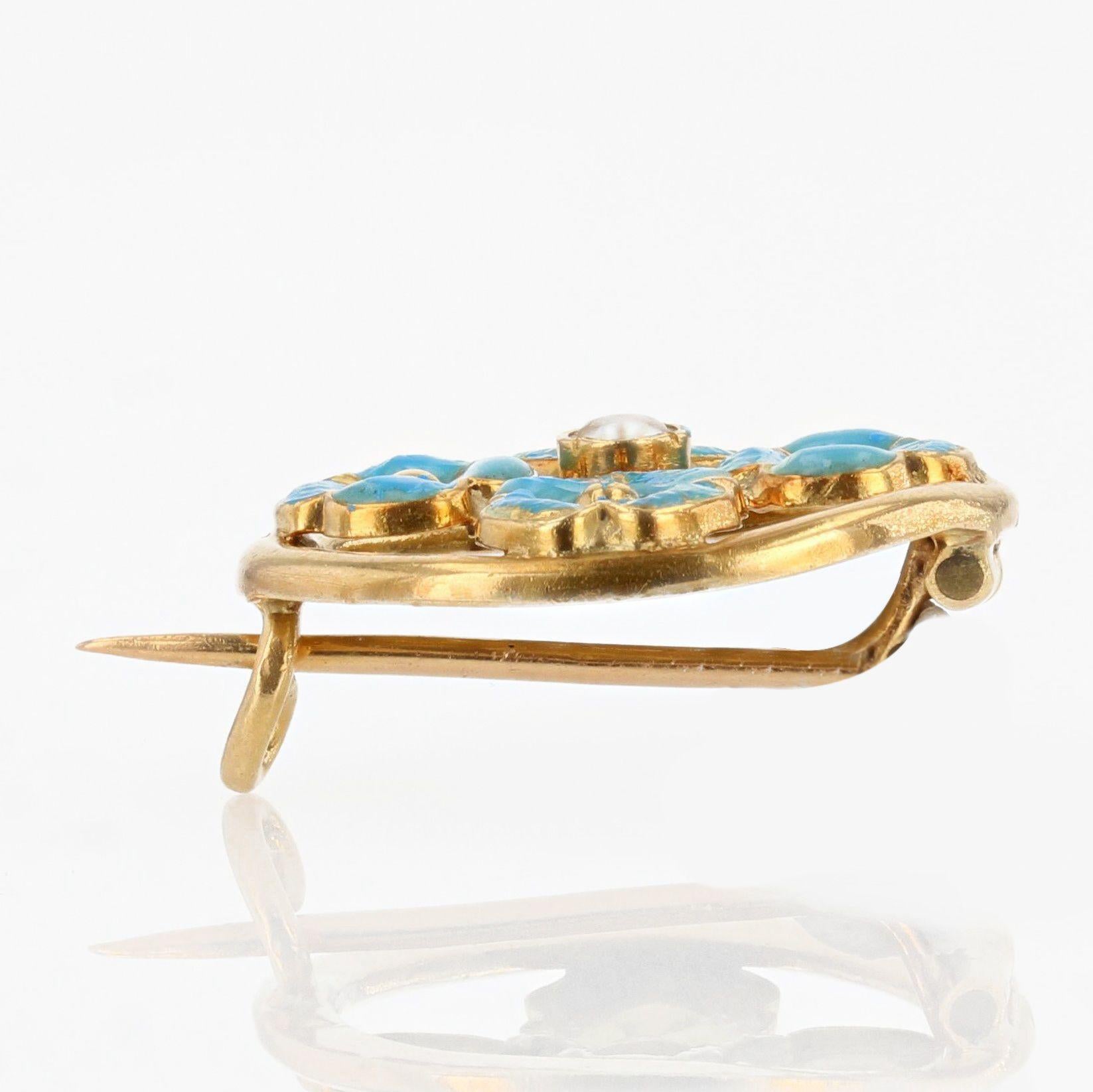 French, 1900s, Turquoise Enamelled Flower Natural Pearl 18K Yellow Gold Brooch 1