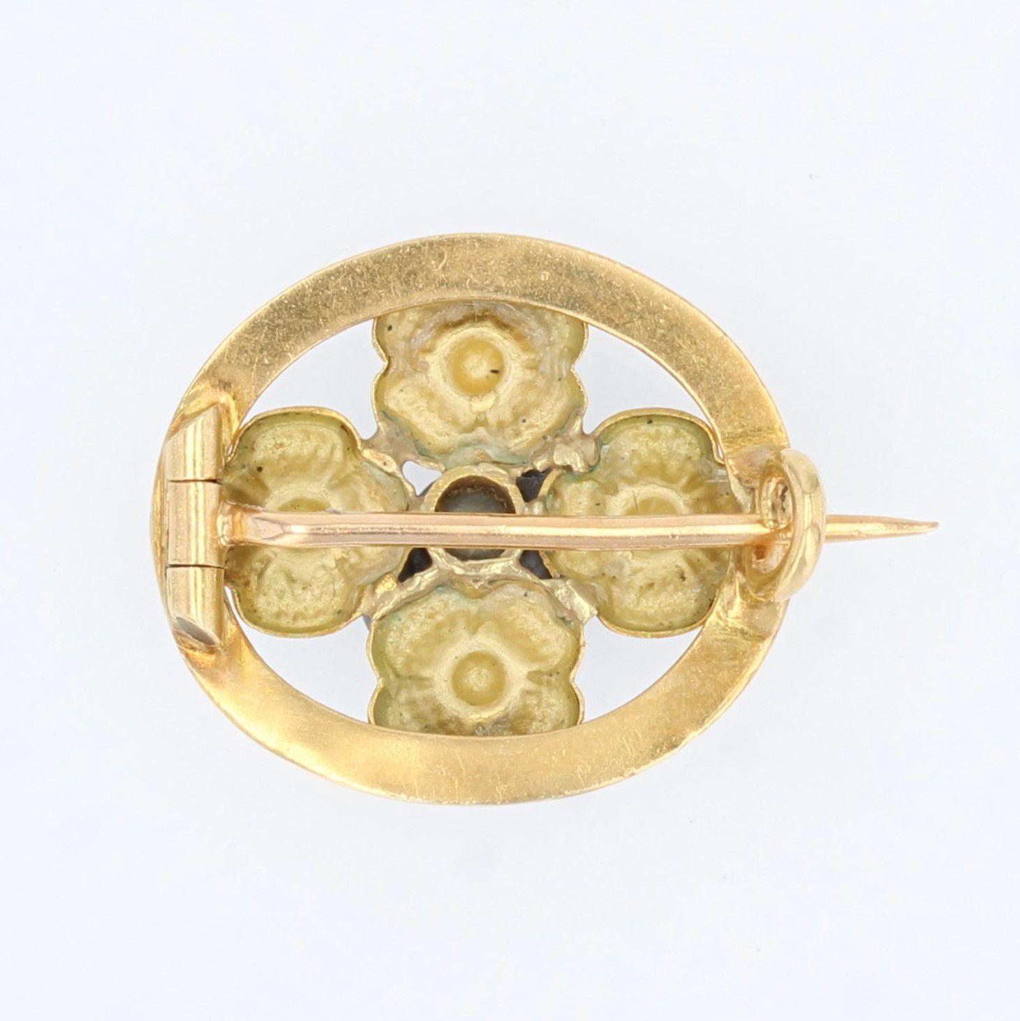 French, 1900s, Turquoise Enamelled Flower Natural Pearl 18K Yellow Gold Brooch im Angebot 3