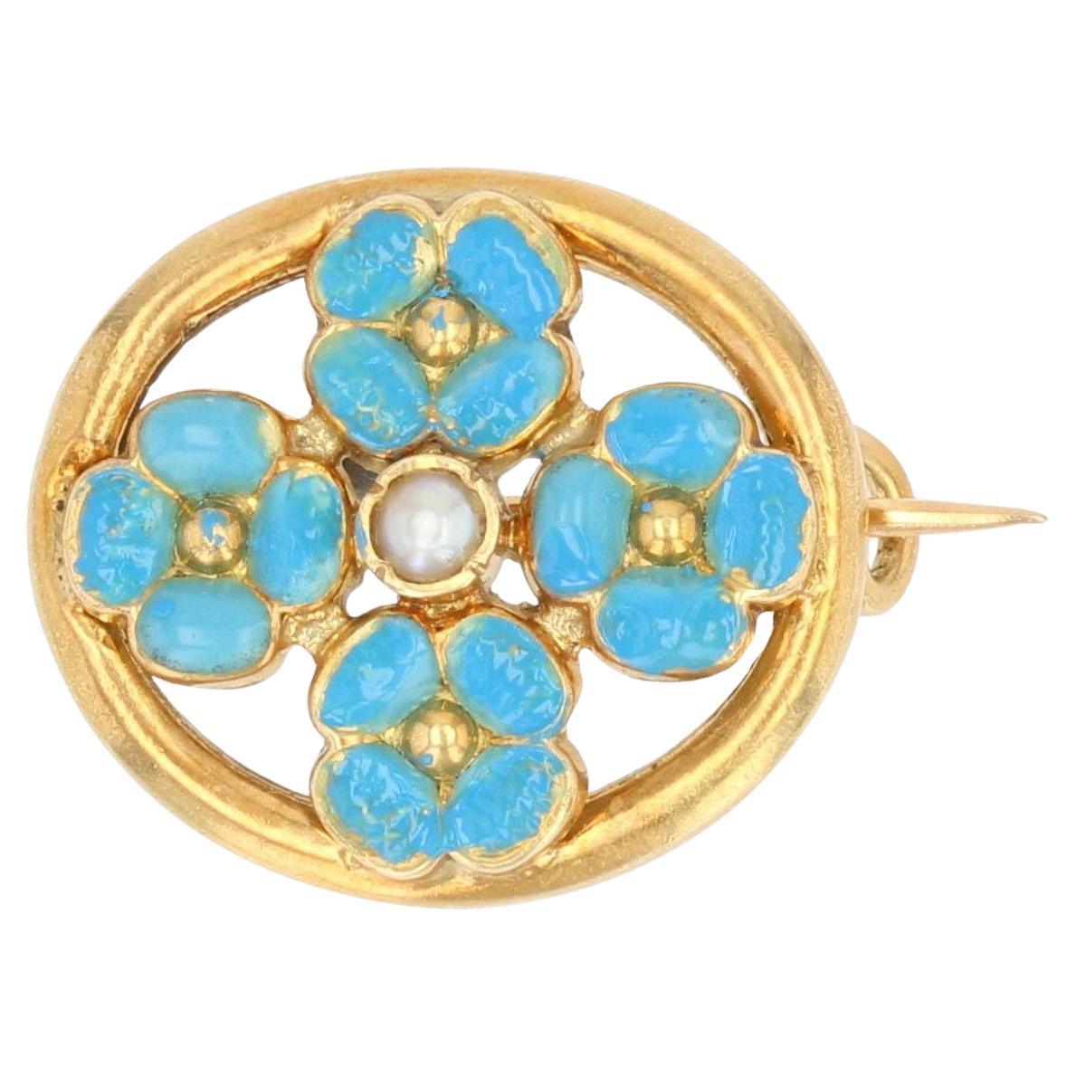 French, 1900s, Turquoise Enamelled Flower Natural Pearl 18K Yellow Gold Brooch