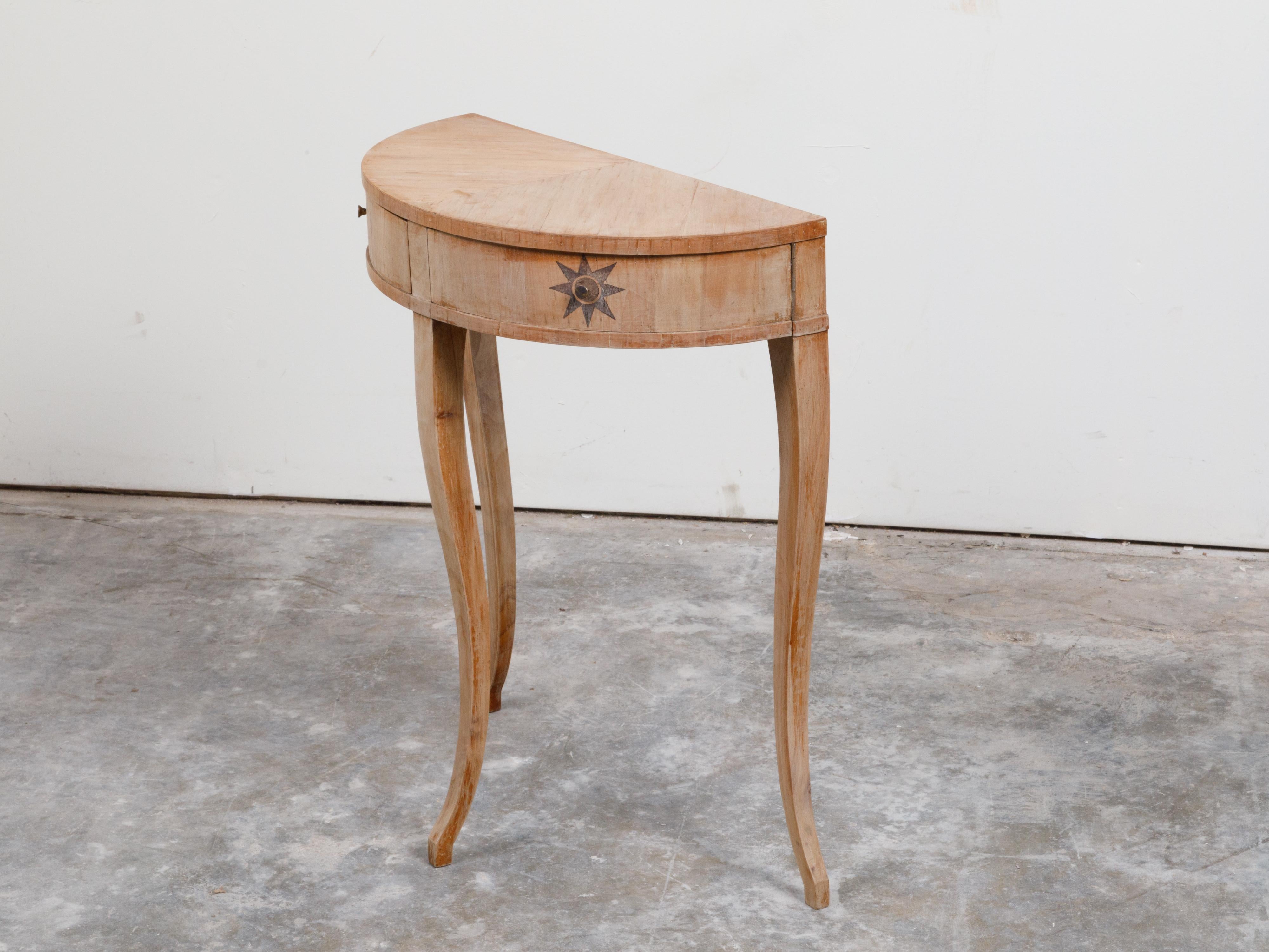 French 1900s Walnut Demilune Table with Swivel Drawers and Star Motifs 5