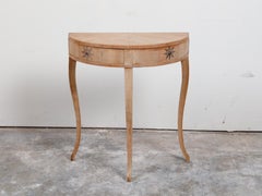 French 1900s Walnut Demilune Table with Swivel Drawers and Star Motifs