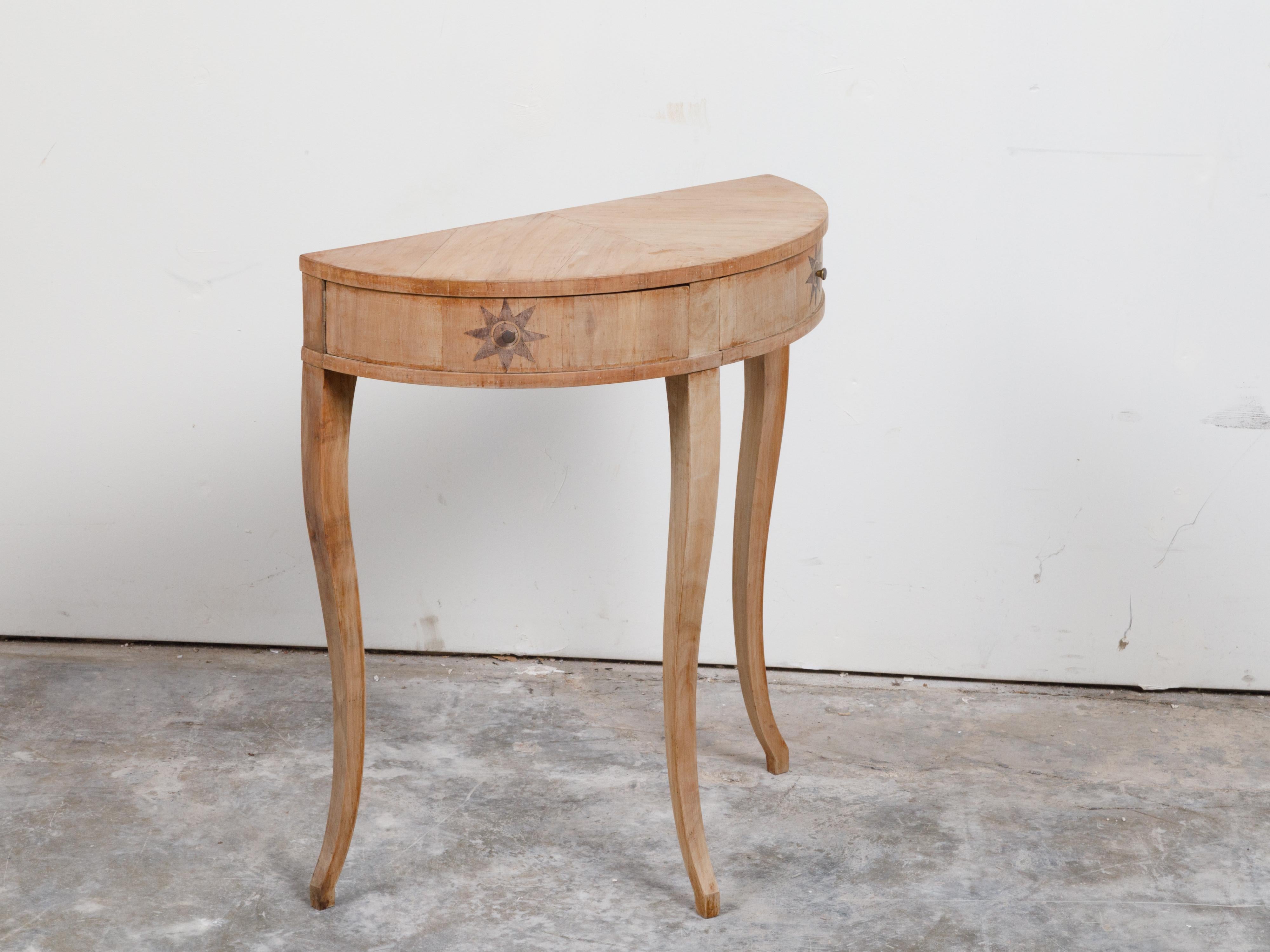 French 1900s Walnut Demilune Table with Swivel Drawers and Star Motifs 1