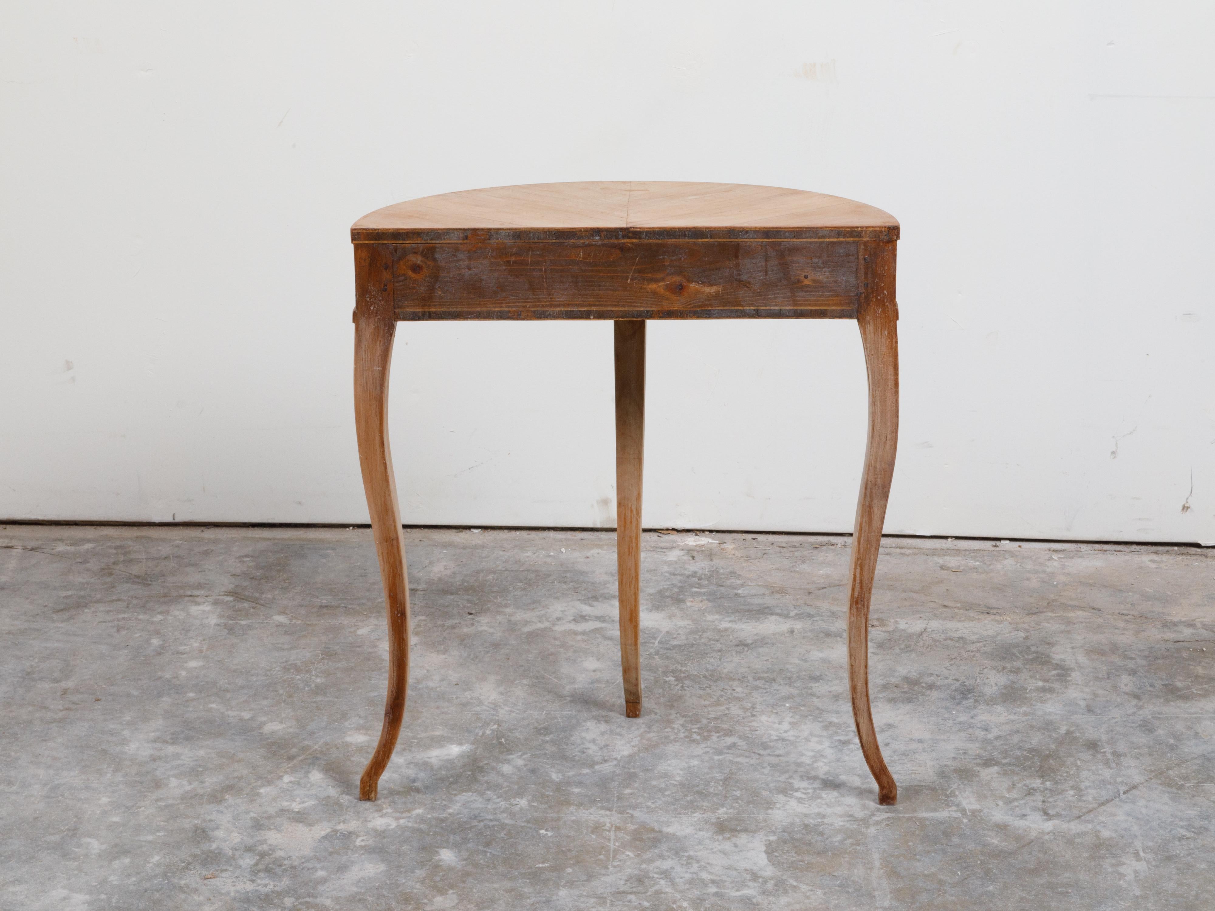 French 1900s Walnut Demilune Table with Swivel Drawers and Star Motifs 3