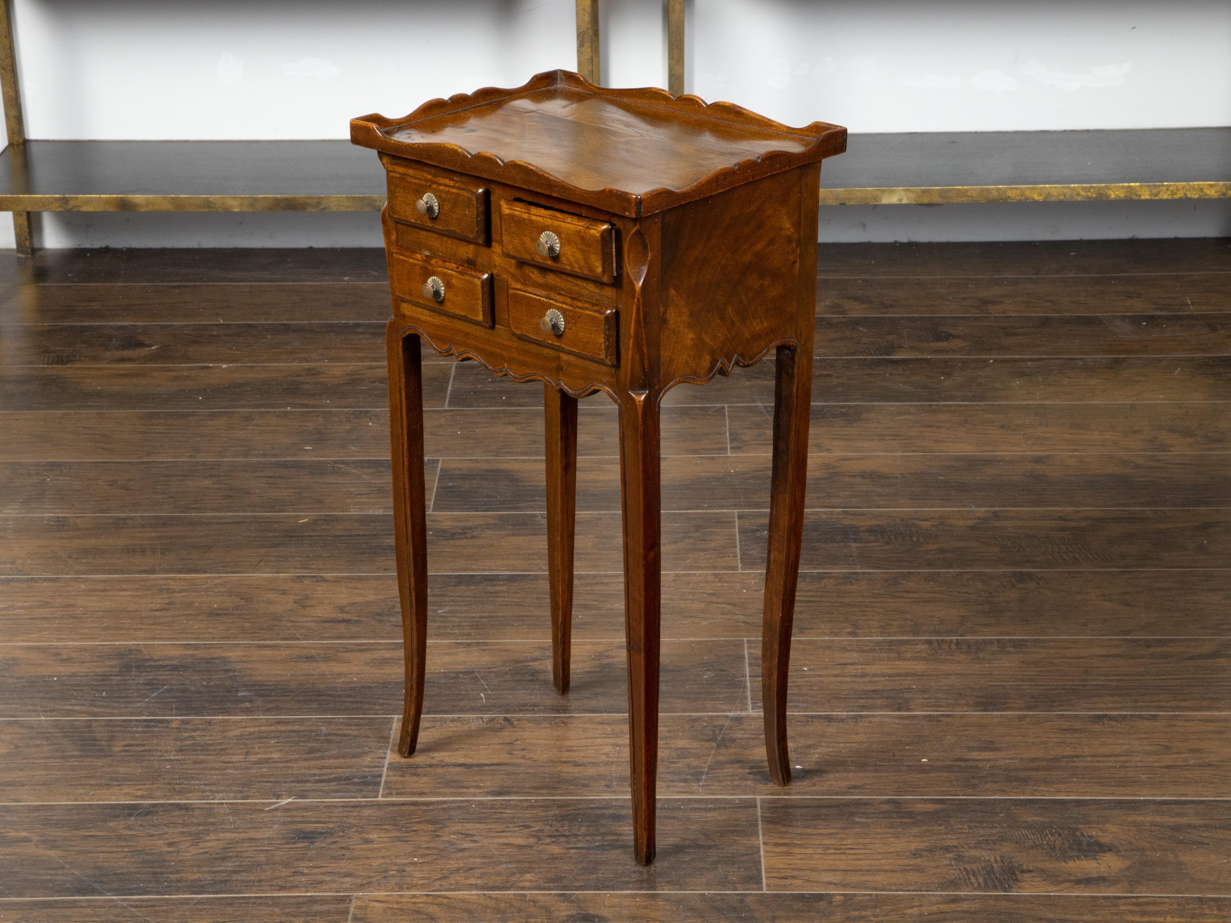 French, 1900s, Walnut Side Table with Carved Tray Top and Four Small Drawers In Good Condition For Sale In Atlanta, GA