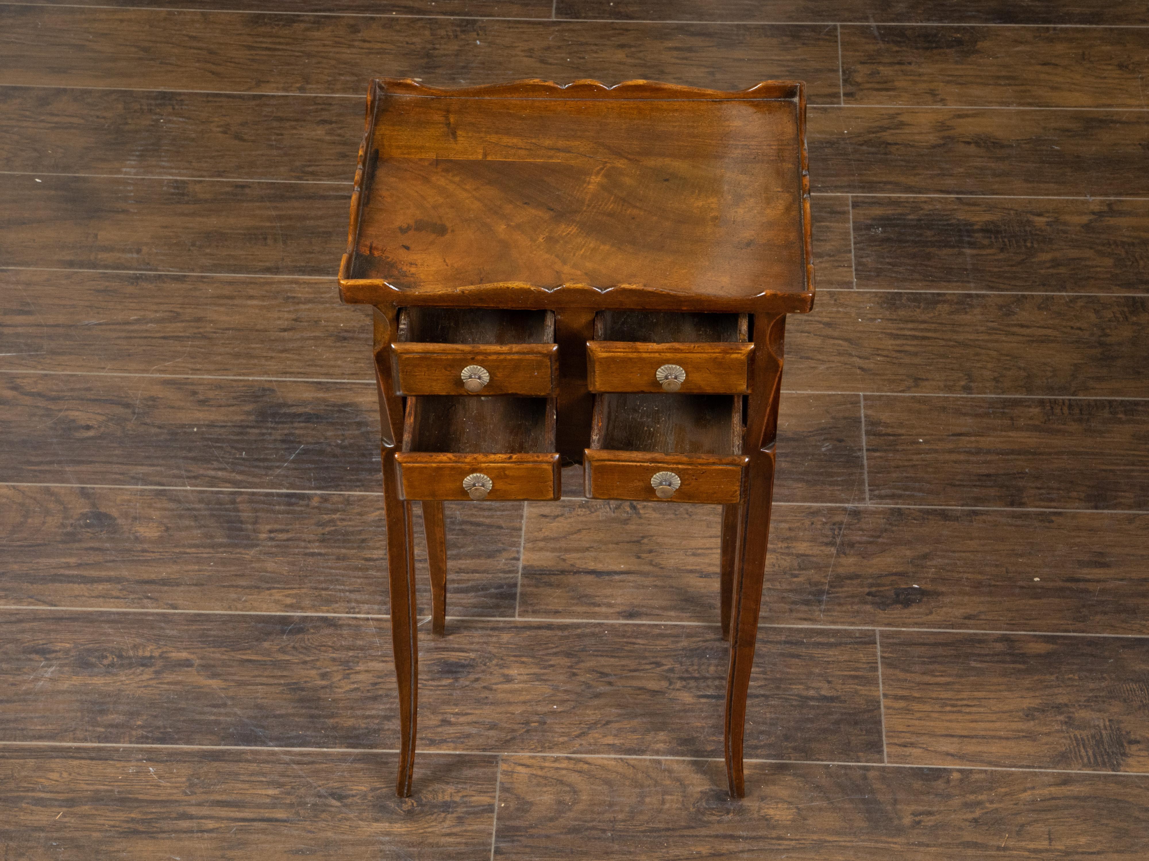 20th Century French, 1900s, Walnut Side Table with Carved Tray Top and Four Small Drawers For Sale