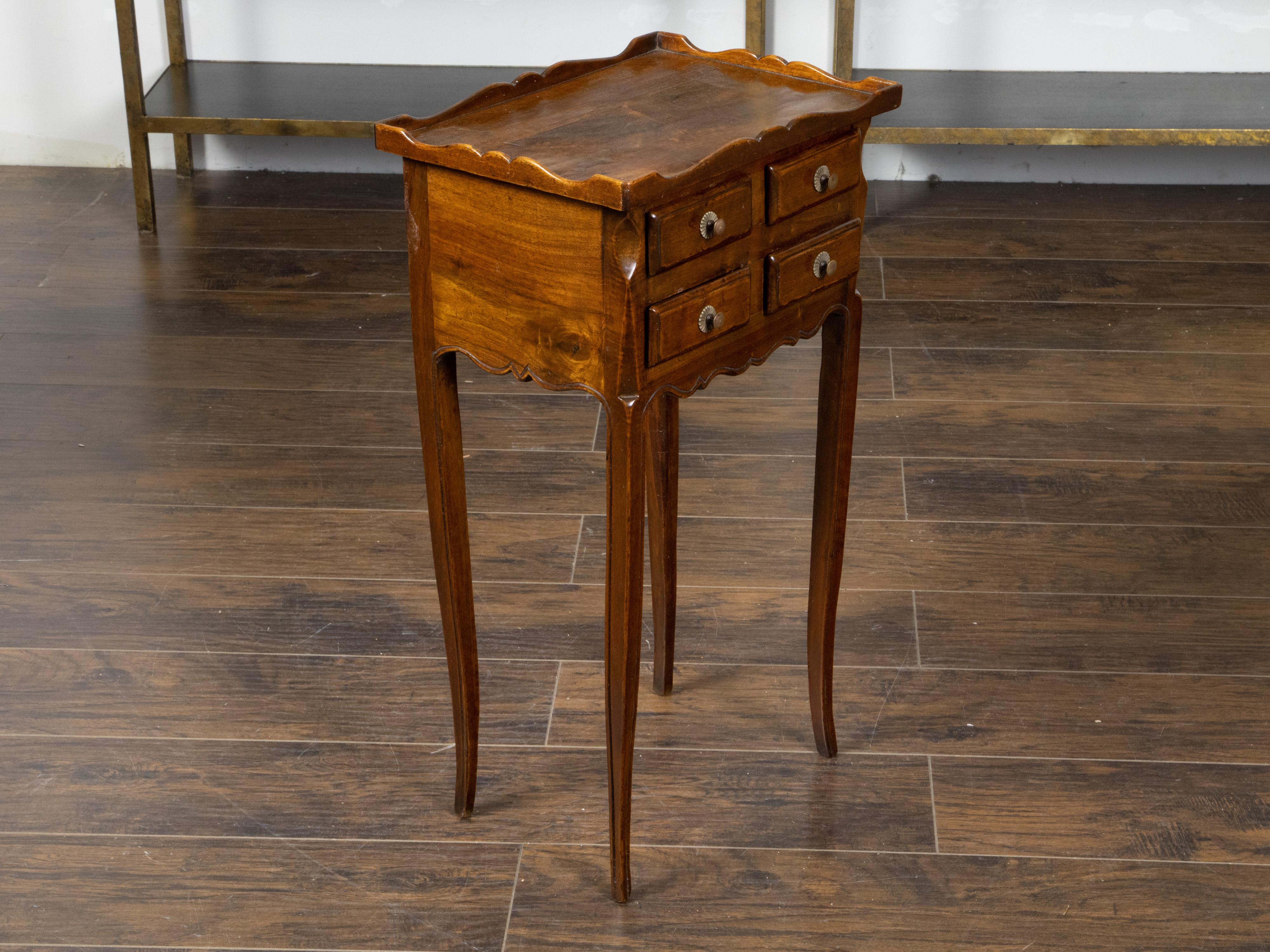 French, 1900s, Walnut Side Table with Carved Tray Top and Four Small Drawers For Sale 1