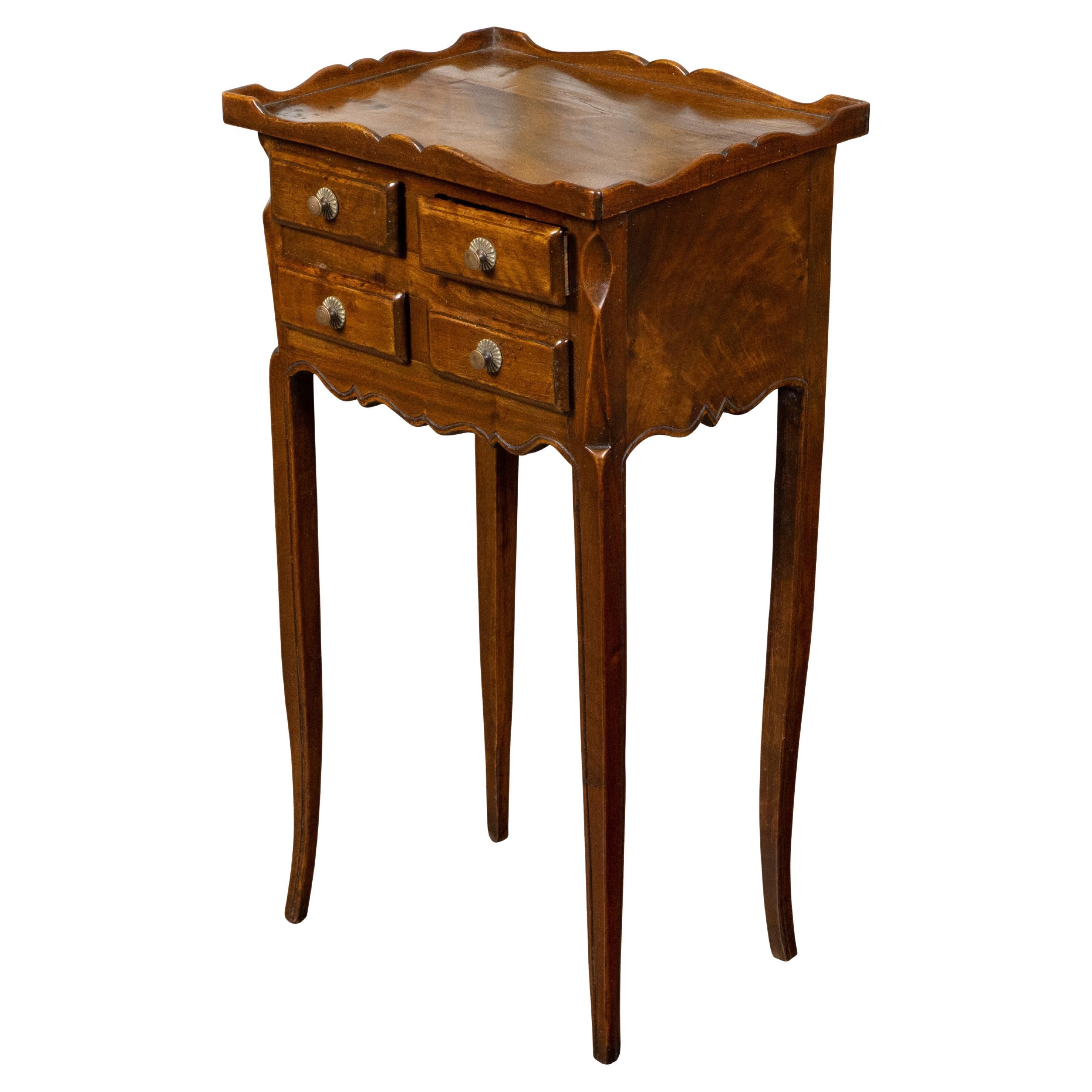 French, 1900s, Walnut Side Table with Carved Tray Top and Four Small Drawers