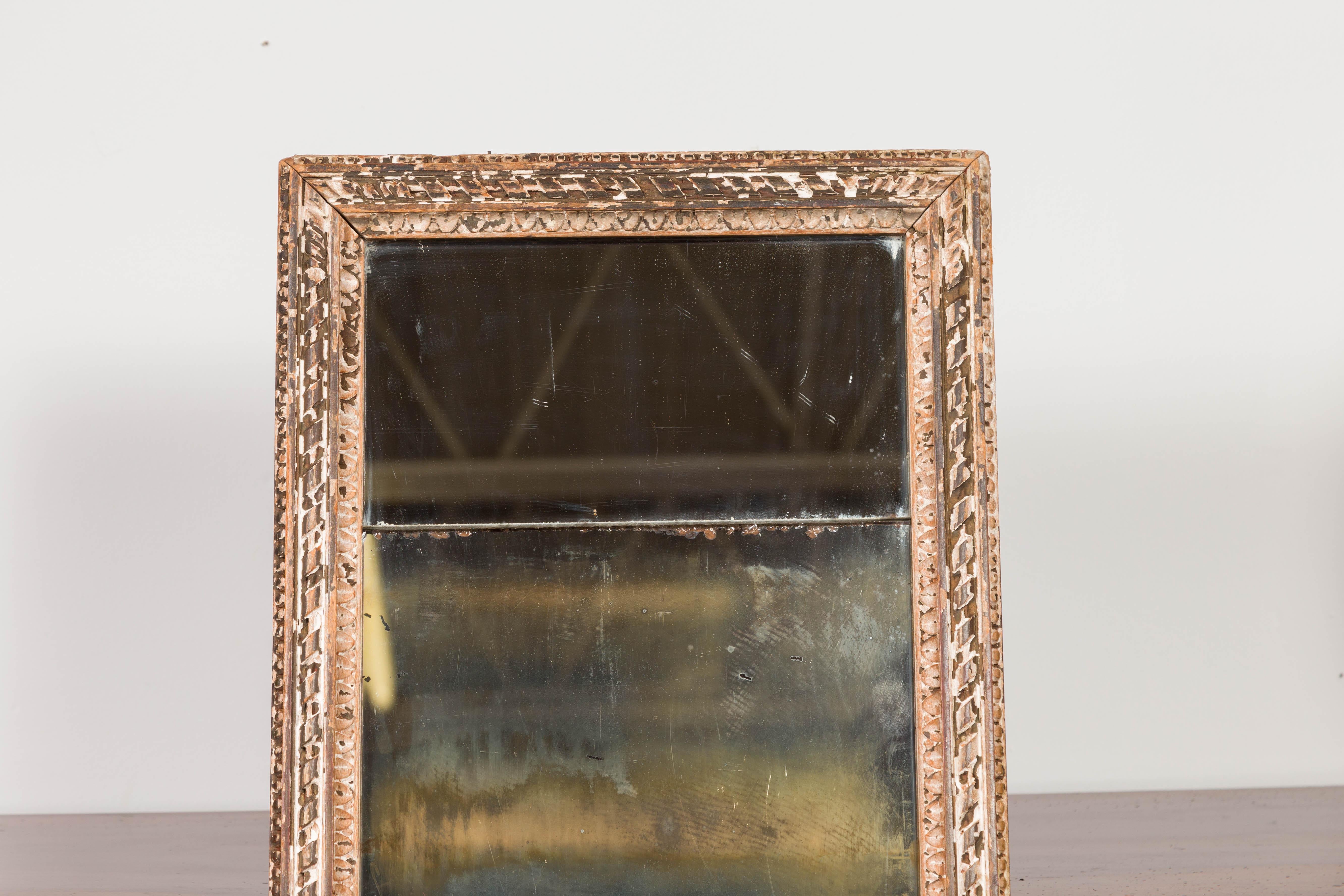 20th Century French 1900s Wooden Mirror with Carved Twisted Ribbons and Distressed Finish For Sale